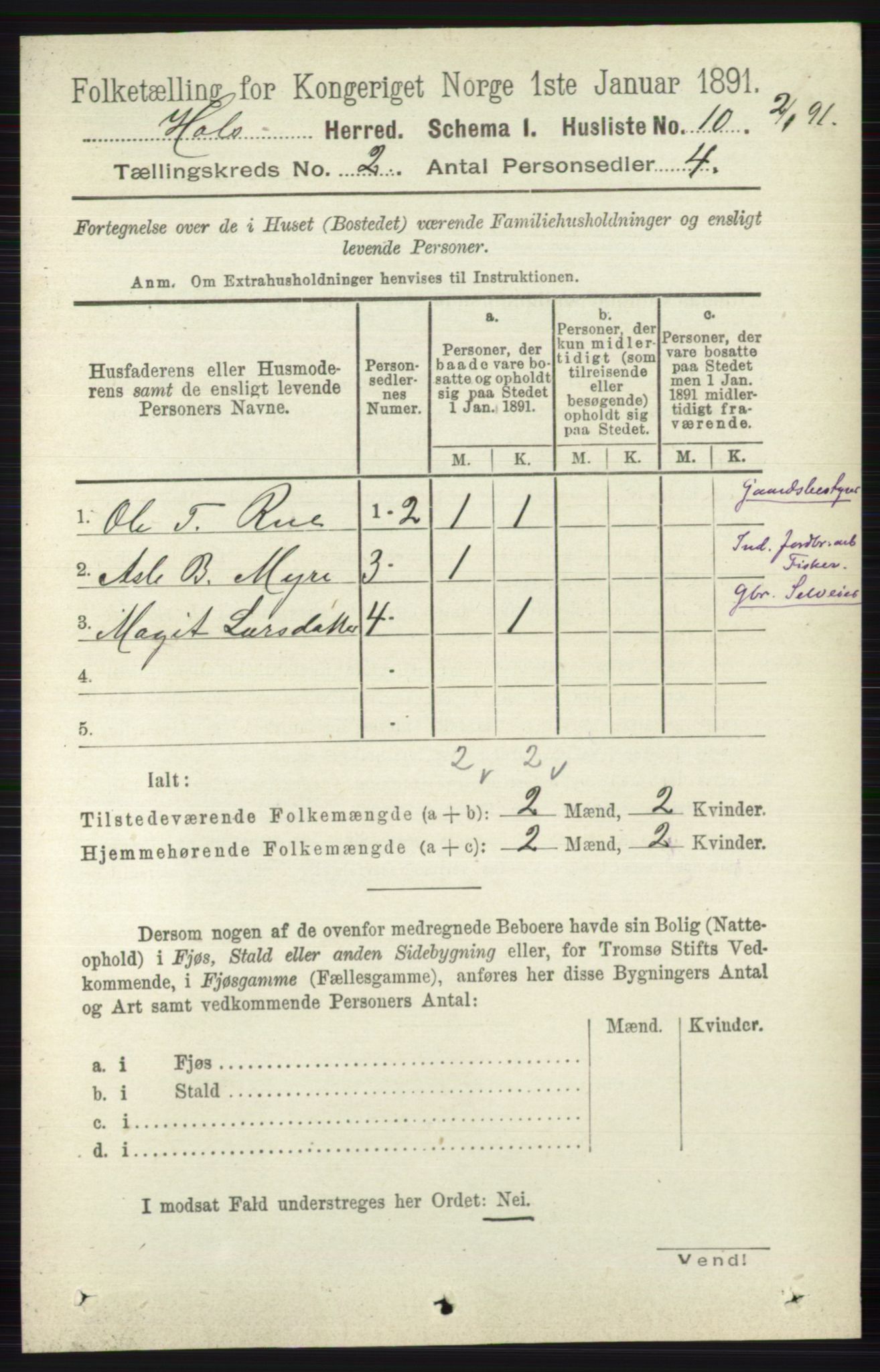 RA, Folketelling 1891 for 0620 Hol herred, 1891, s. 292