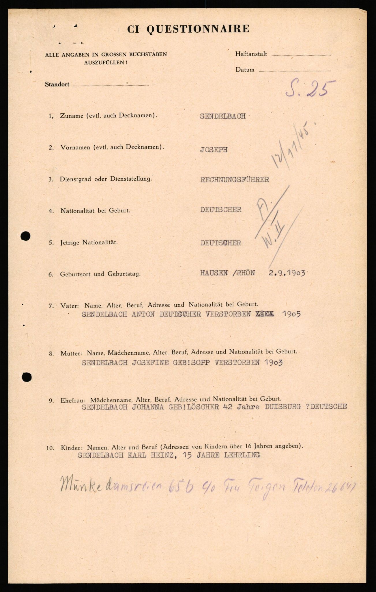 Forsvaret, Forsvarets overkommando II, AV/RA-RAFA-3915/D/Db/L0032: CI Questionaires. Tyske okkupasjonsstyrker i Norge. Tyskere., 1945-1946, s. 13