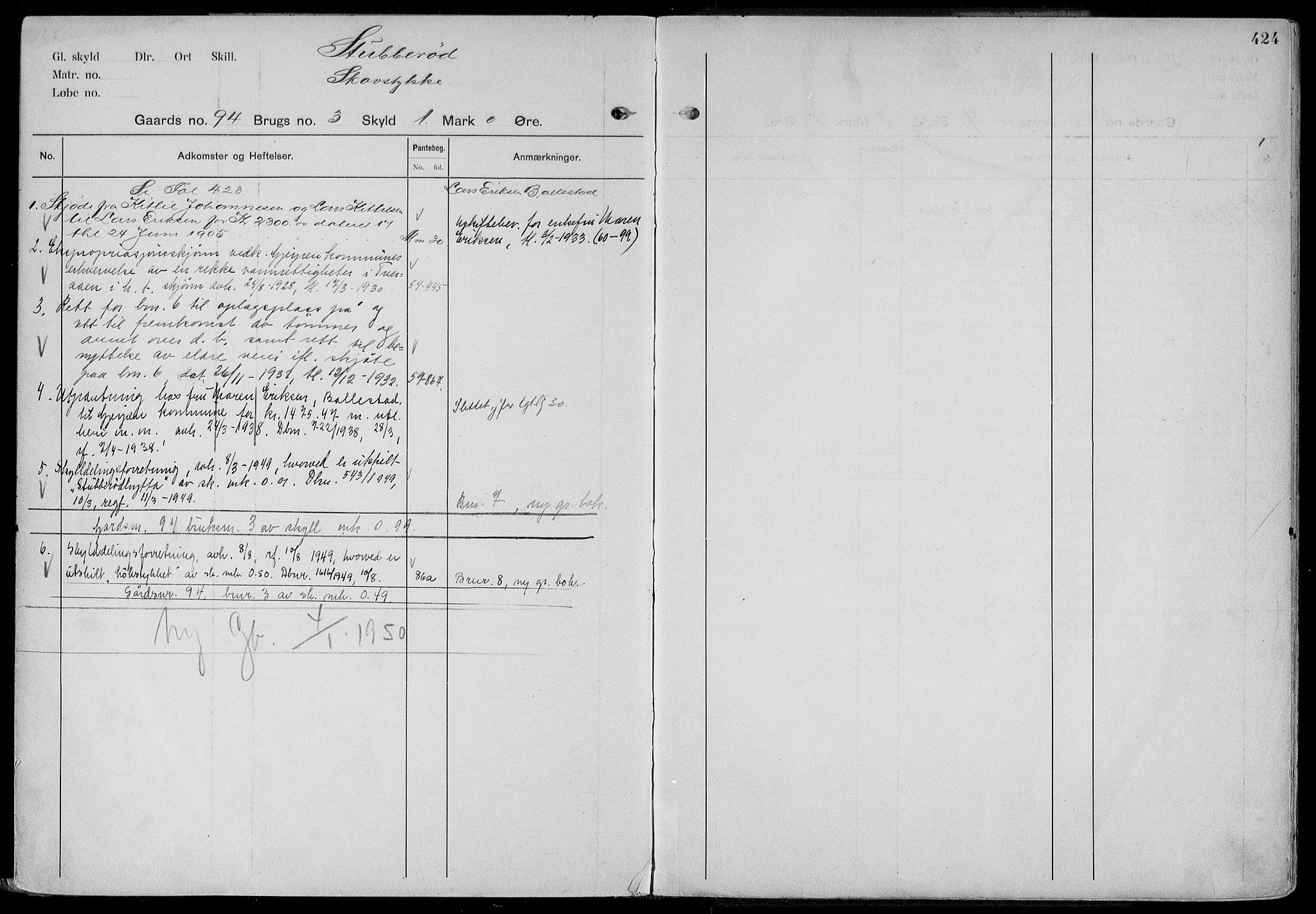 Gjerpen sorenskriveri, AV/SAKO-A-216/G/Gb/Gbd/L0003: Panteregister nr. IV 3, s. 424