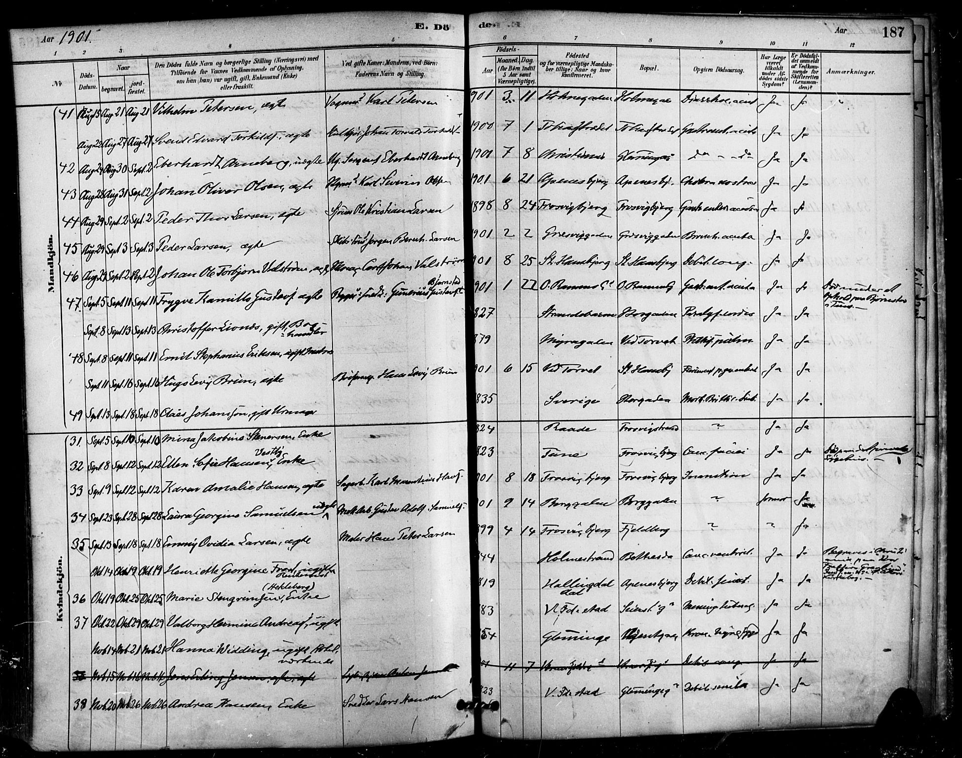 Fredrikstad domkirkes prestekontor Kirkebøker, AV/SAO-A-10906/F/Fa/L0003: Ministerialbok nr. 3, 1878-1904, s. 187