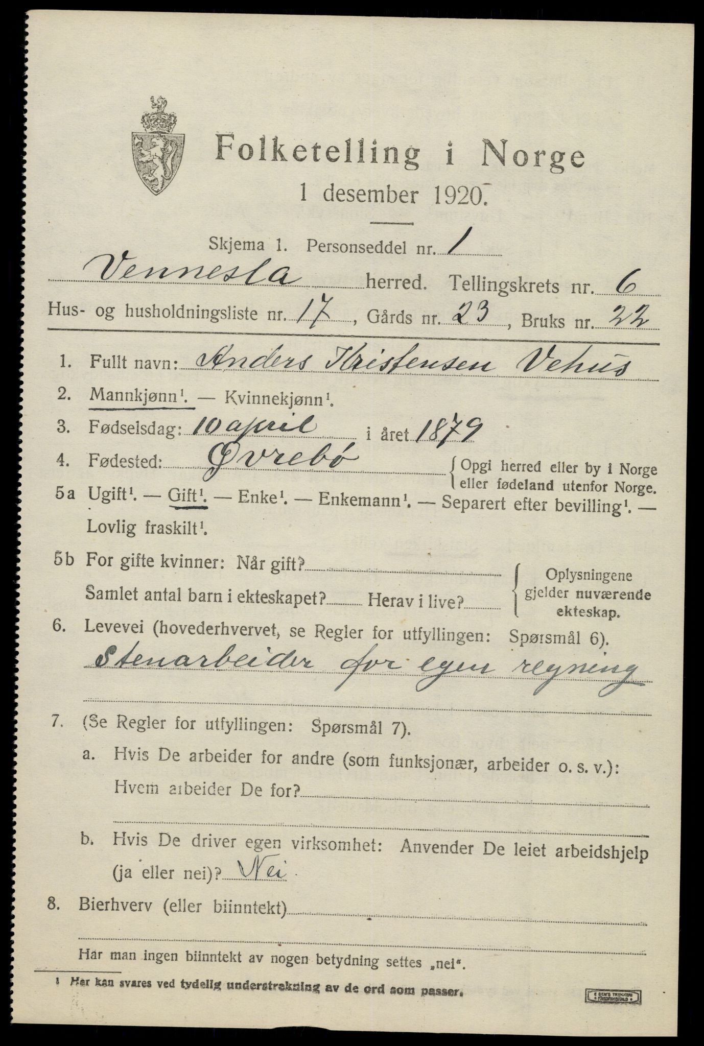 SAK, Folketelling 1920 for 1014 Vennesla herred, 1920, s. 4504