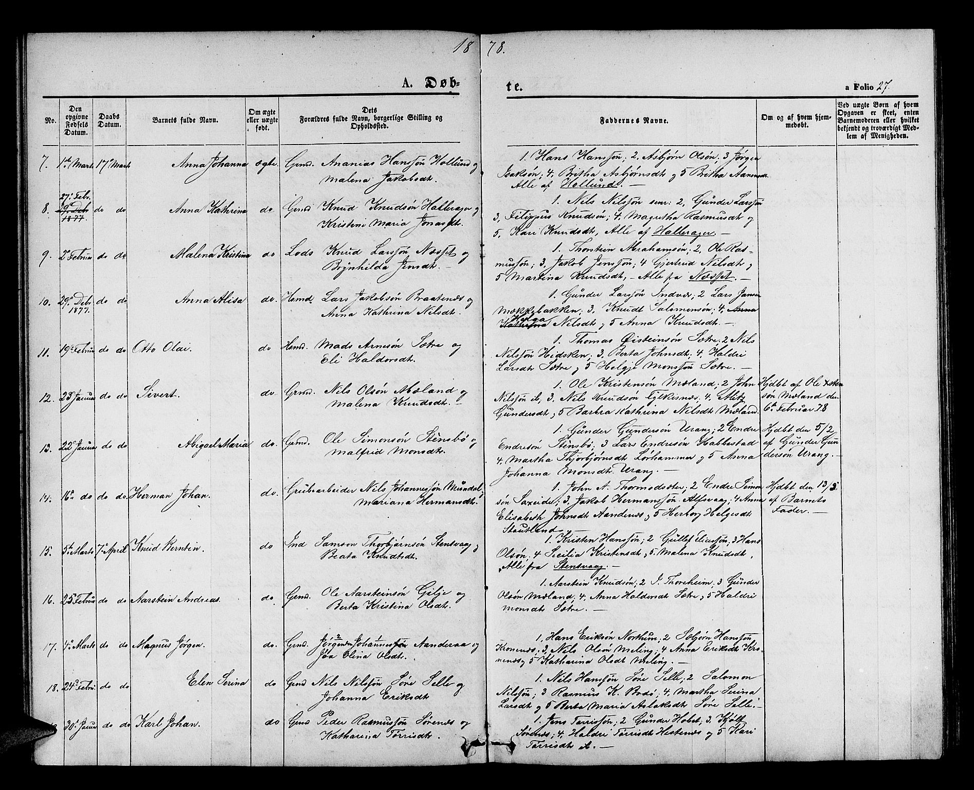 Finnås sokneprestembete, AV/SAB-A-99925/H/Ha/Hab/Habb/L0002: Klokkerbok nr. B 2, 1871-1881, s. 27