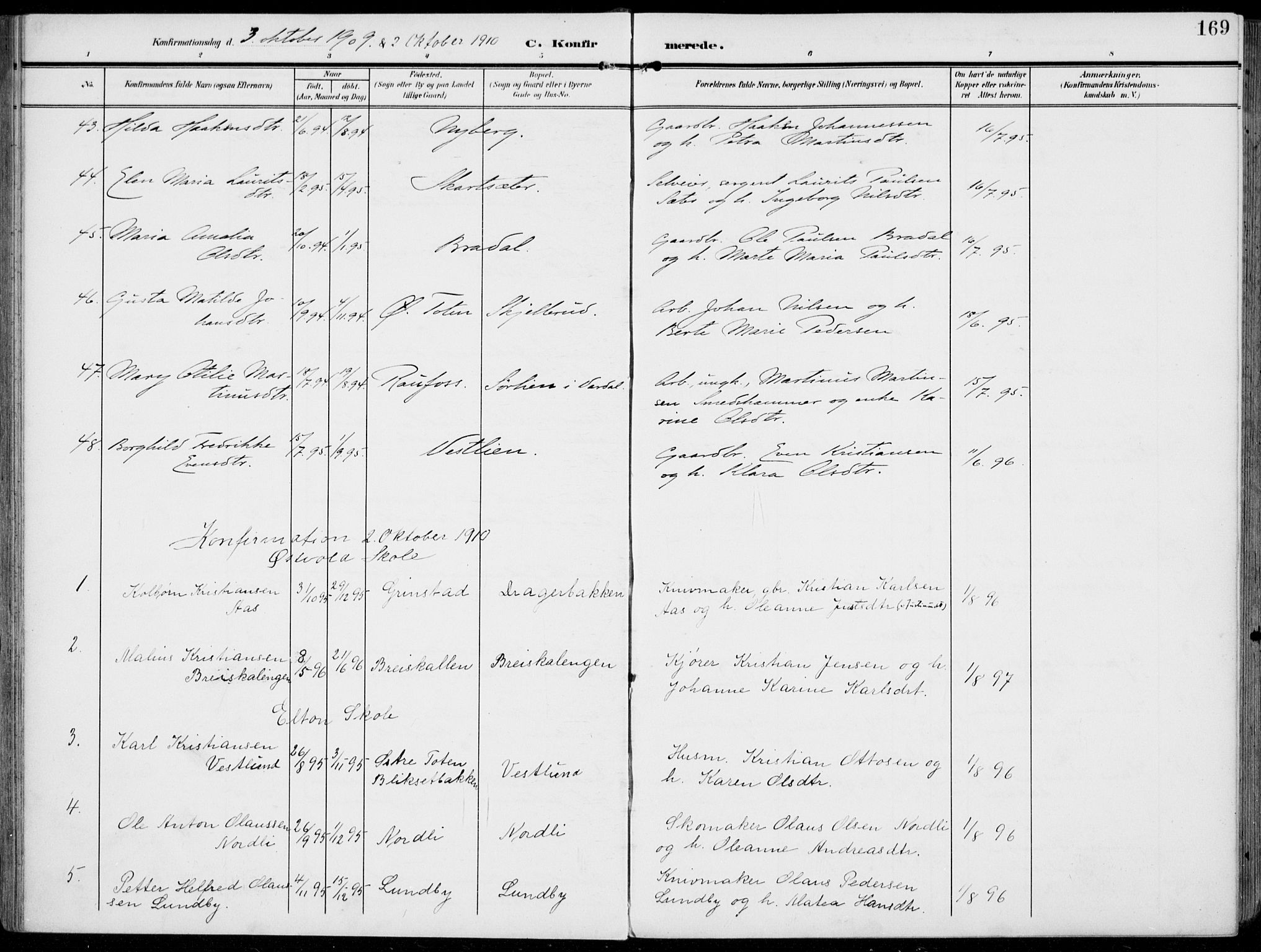 Vestre Toten prestekontor, AV/SAH-PREST-108/H/Ha/Haa/L0014: Ministerialbok nr. 14, 1907-1920, s. 169