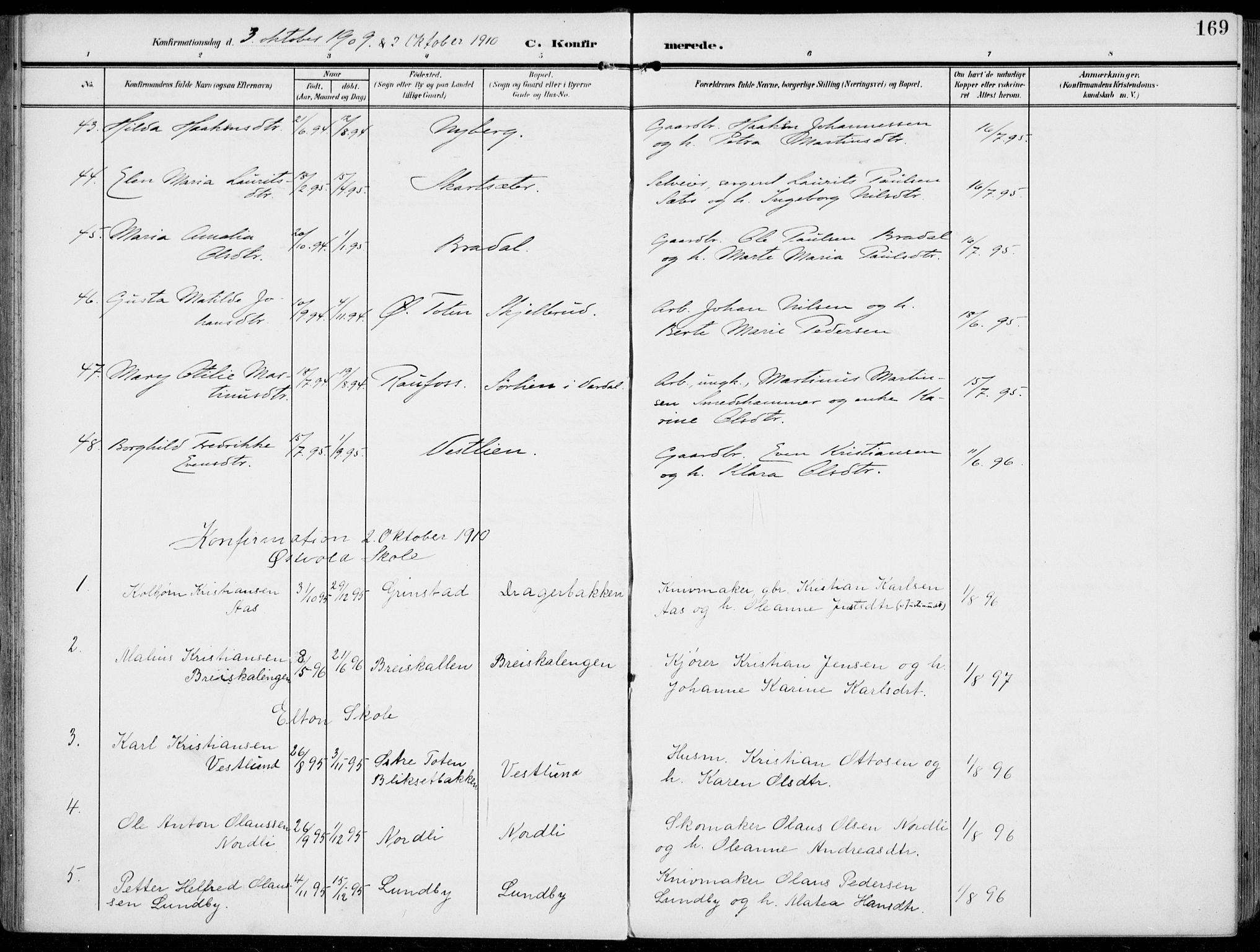 Vestre Toten prestekontor, SAH/PREST-108/H/Ha/Haa/L0014: Ministerialbok nr. 14, 1907-1920, s. 169