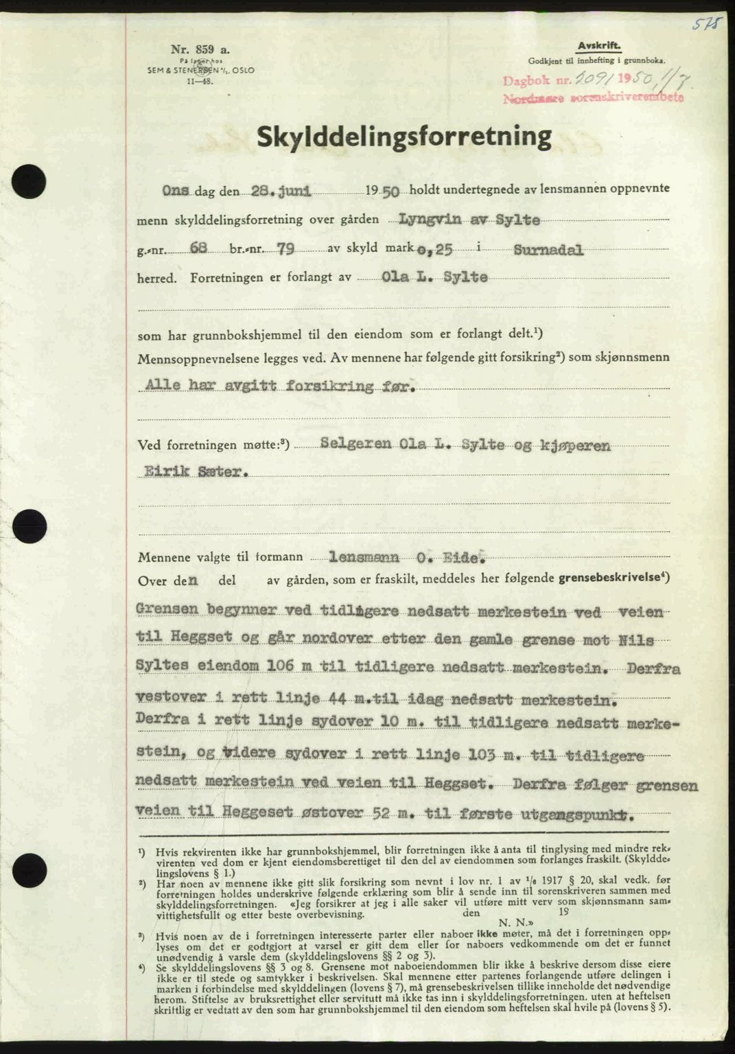 Nordmøre sorenskriveri, SAT/A-4132/1/2/2Ca: Pantebok nr. A115, 1950-1950, Dagboknr: 2091/1950