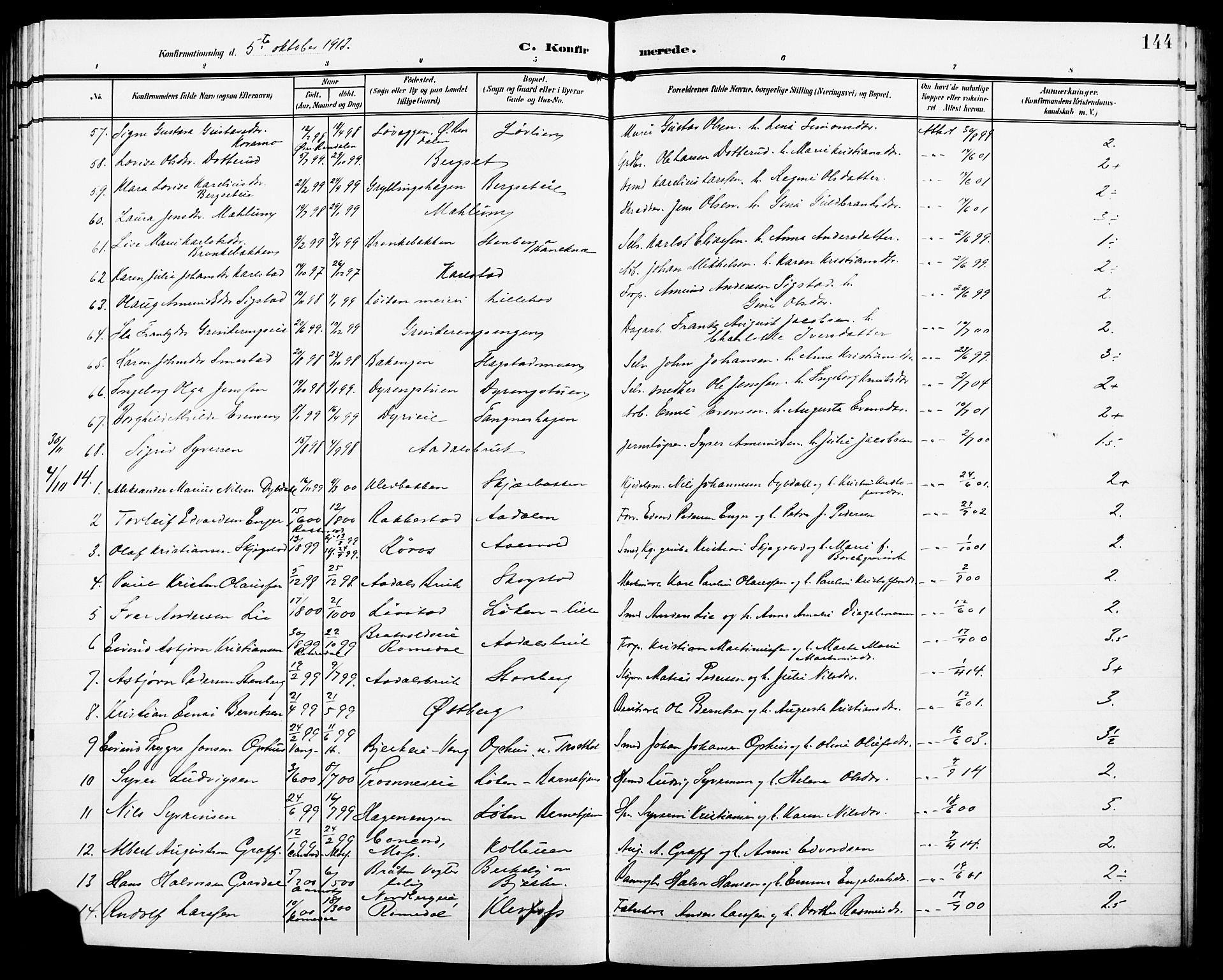 Løten prestekontor, AV/SAH-PREST-022/L/La/L0007: Klokkerbok nr. 7, 1910-1919, s. 144