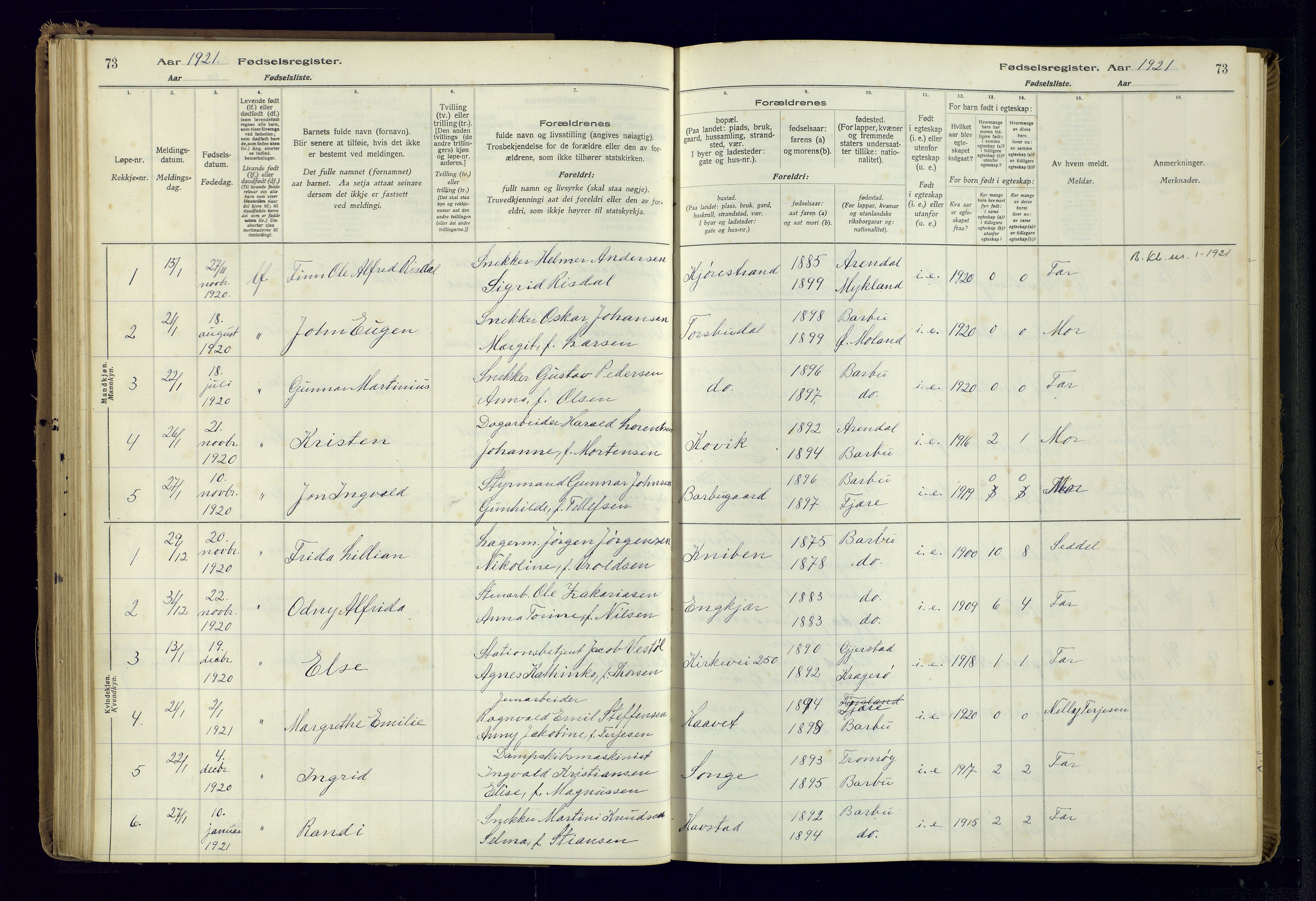 Barbu sokneprestkontor, AV/SAK-1111-0003/J/Ja/L0001: Fødselsregister nr. A-VIII-1, 1916-1937, s. 73