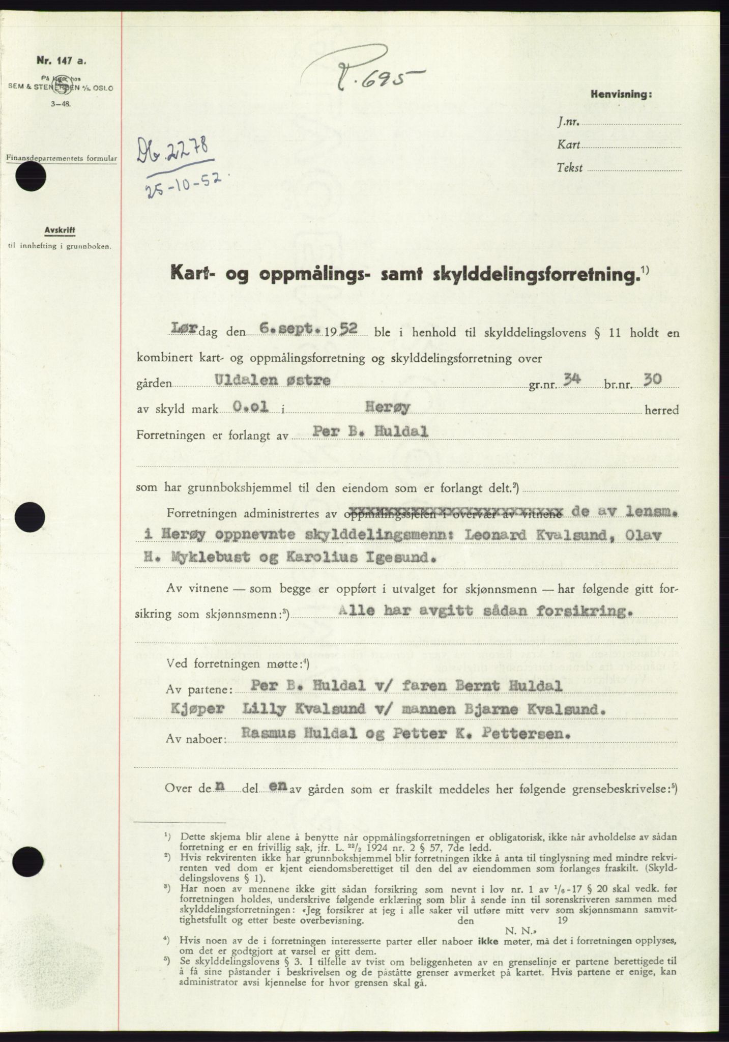 Søre Sunnmøre sorenskriveri, SAT/A-4122/1/2/2C/L0093: Pantebok nr. 19A, 1952-1953, Dagboknr: 2278/1952