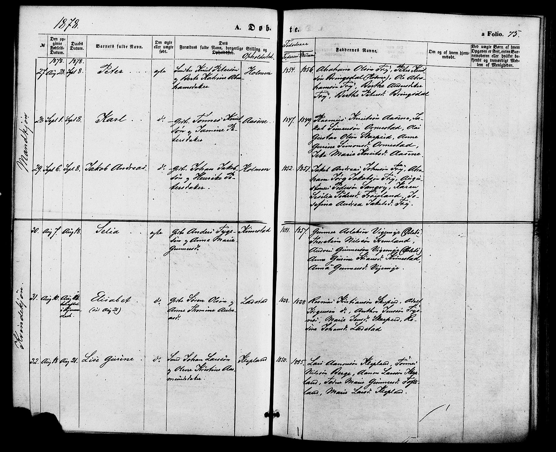 Søgne sokneprestkontor, AV/SAK-1111-0037/F/Fa/Fab/L0011: Ministerialbok nr. A 11, 1869-1879, s. 75