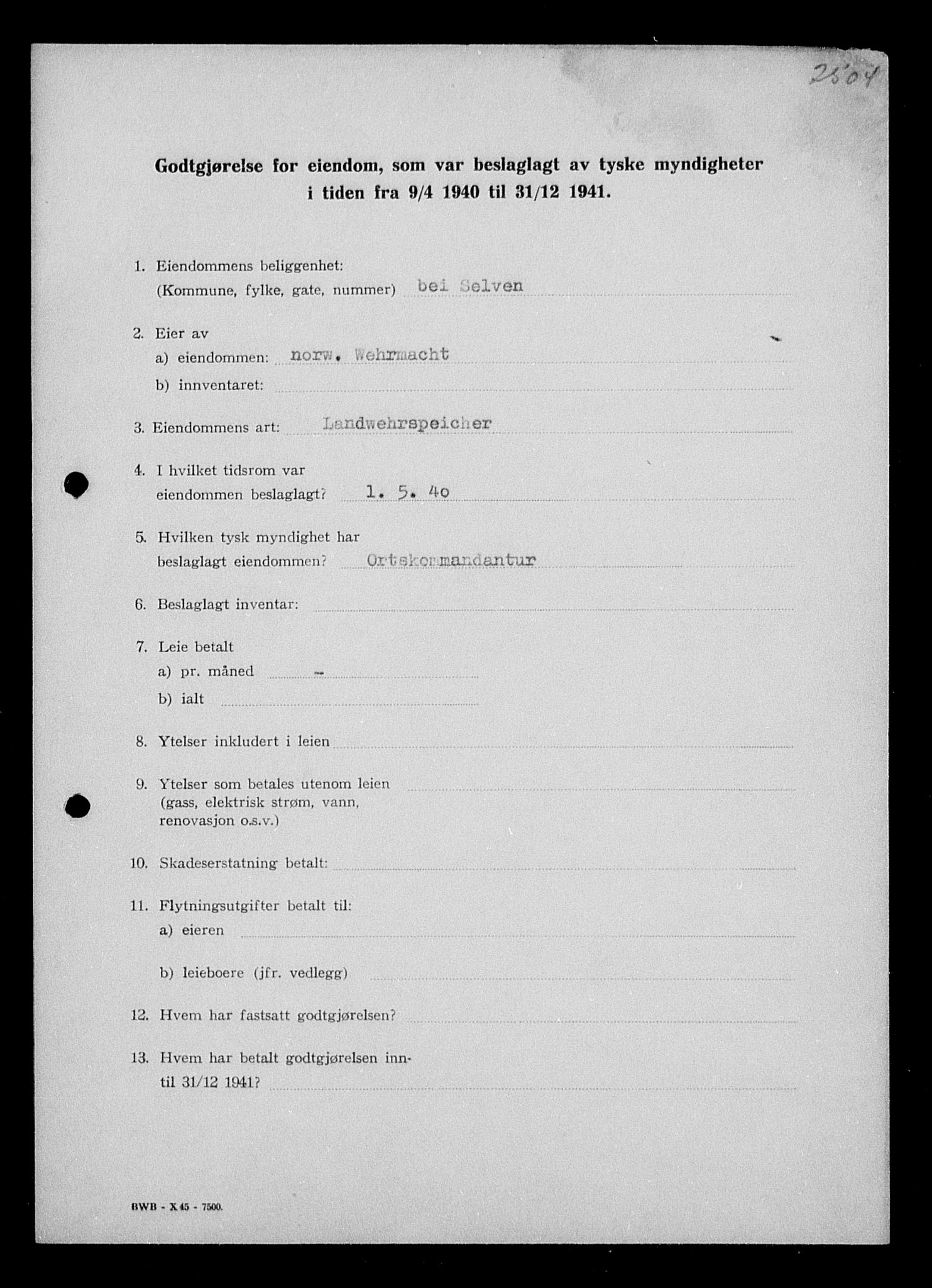 Justisdepartementet, Tilbakeføringskontoret for inndratte formuer, AV/RA-S-1564/I/L1018: Godtgjørelse for beslaglagt eiendom, 1940-1941, s. 243