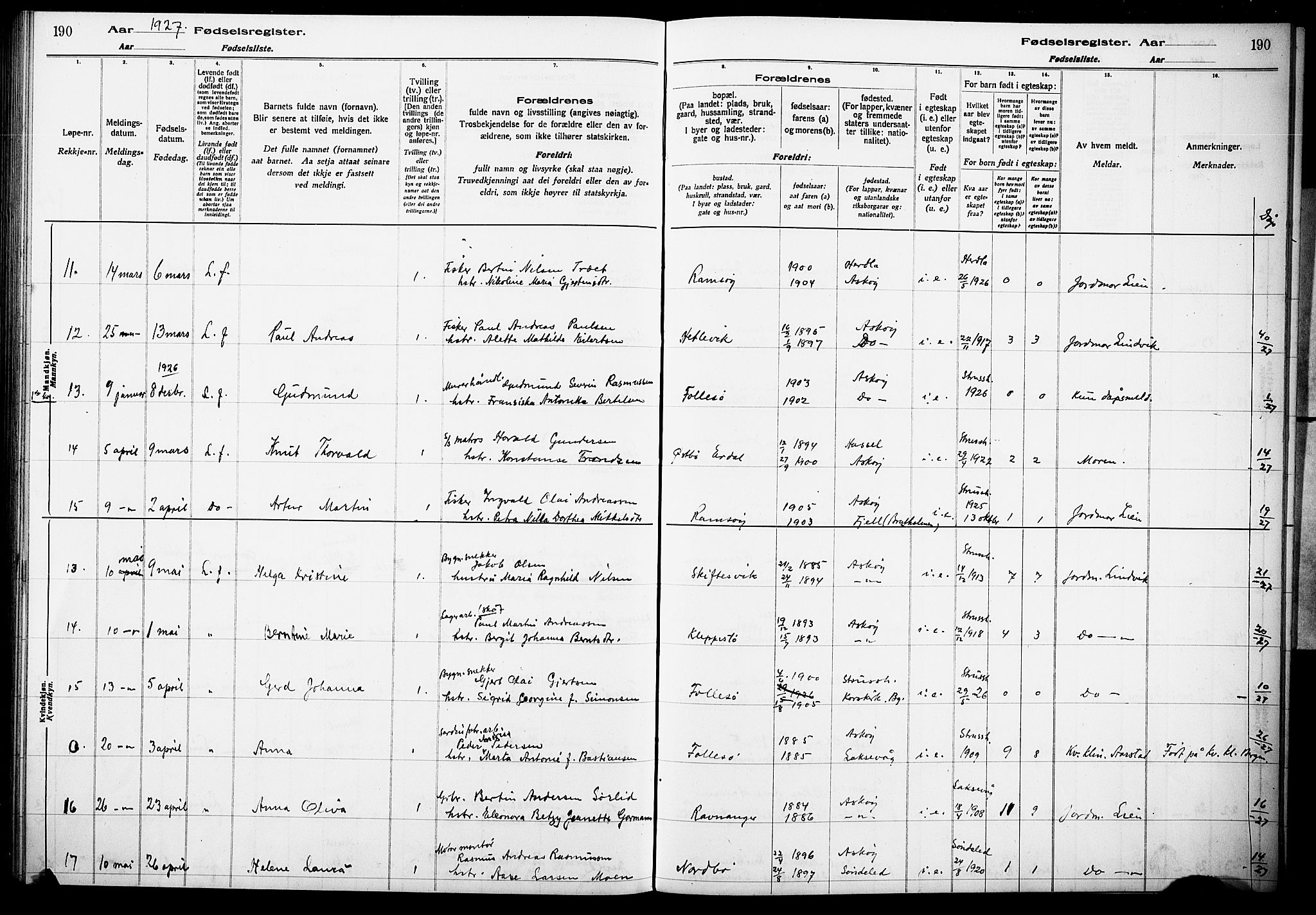 Askøy Sokneprestembete, AV/SAB-A-74101/I/Id/L00A1: Fødselsregister nr. A 1, 1916-1928, s. 190