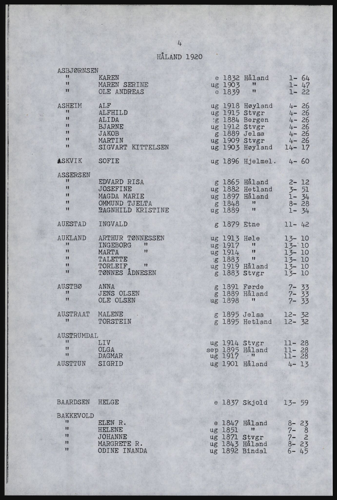 SAST, Avskrift av folketellingen 1920 for Håland herred, 1920, s. 138