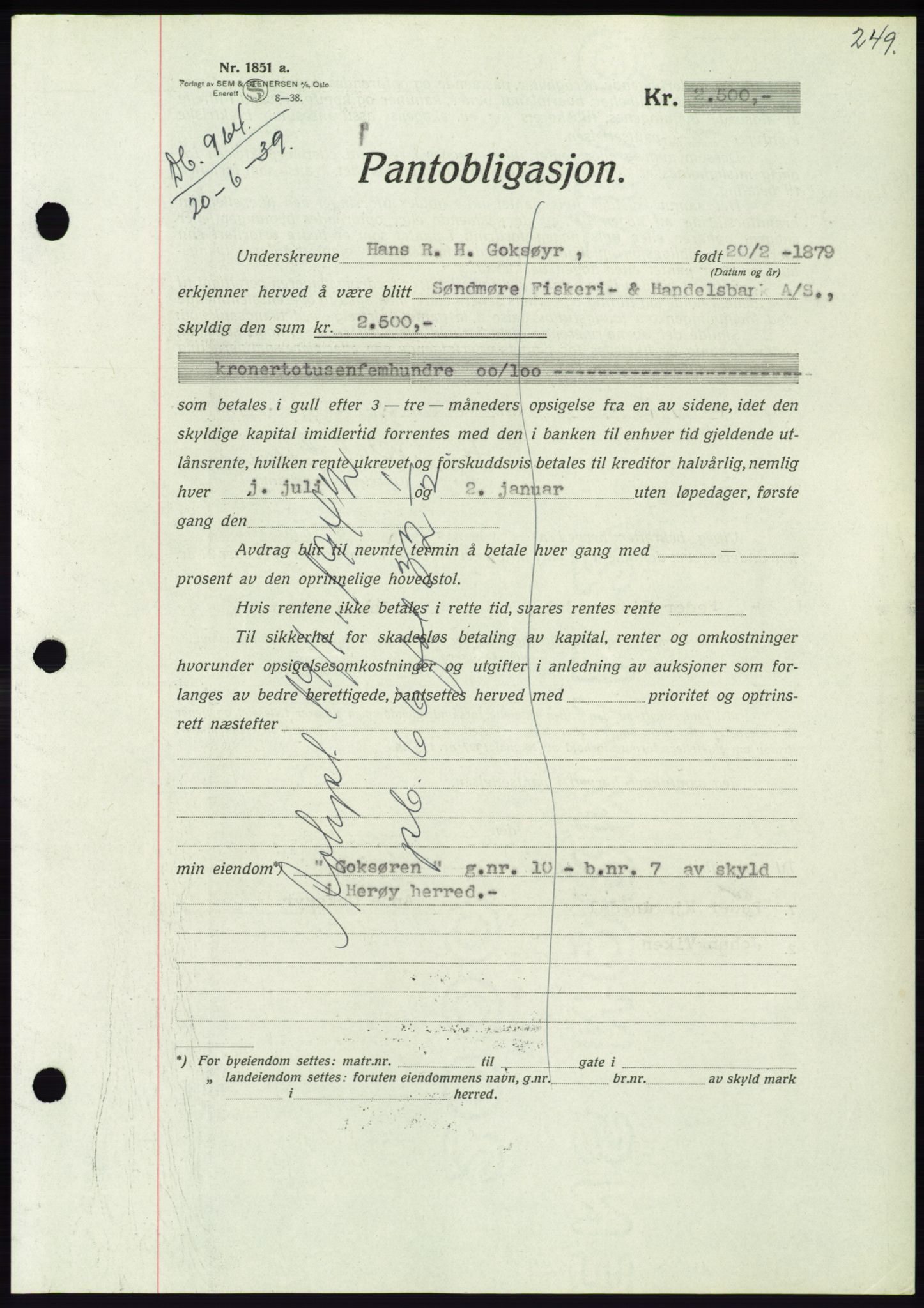 Søre Sunnmøre sorenskriveri, AV/SAT-A-4122/1/2/2C/L0068: Pantebok nr. 62, 1939-1939, Dagboknr: 964/1939