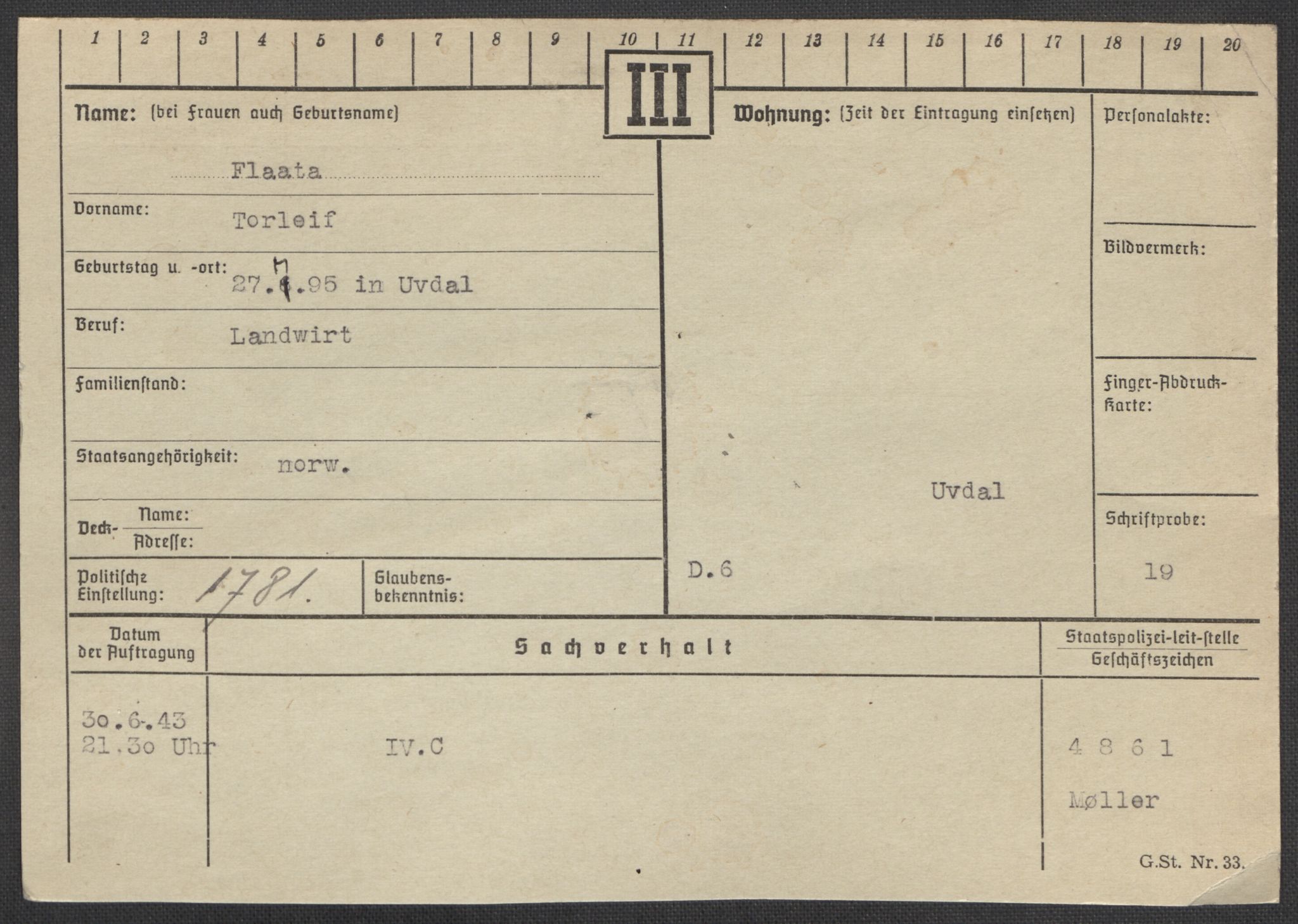 Befehlshaber der Sicherheitspolizei und des SD, RA/RAFA-5969/E/Ea/Eaa/L0003: Register over norske fanger i Møllergata 19: Eng-Hag, 1940-1945, s. 434