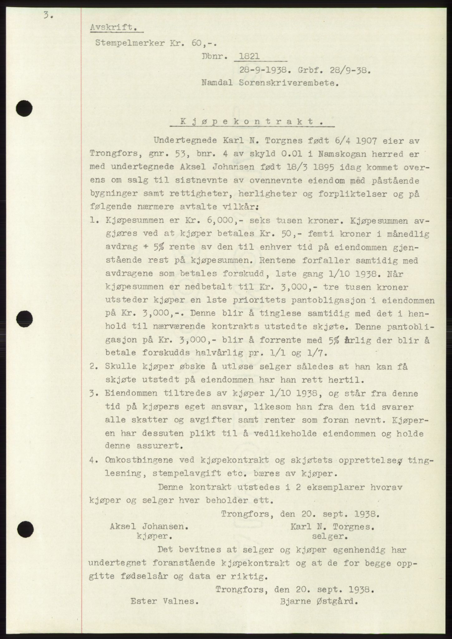 Namdal sorenskriveri, SAT/A-4133/1/2/2C: Pantebok nr. -, 1937-1939, Tingl.dato: 28.09.1938