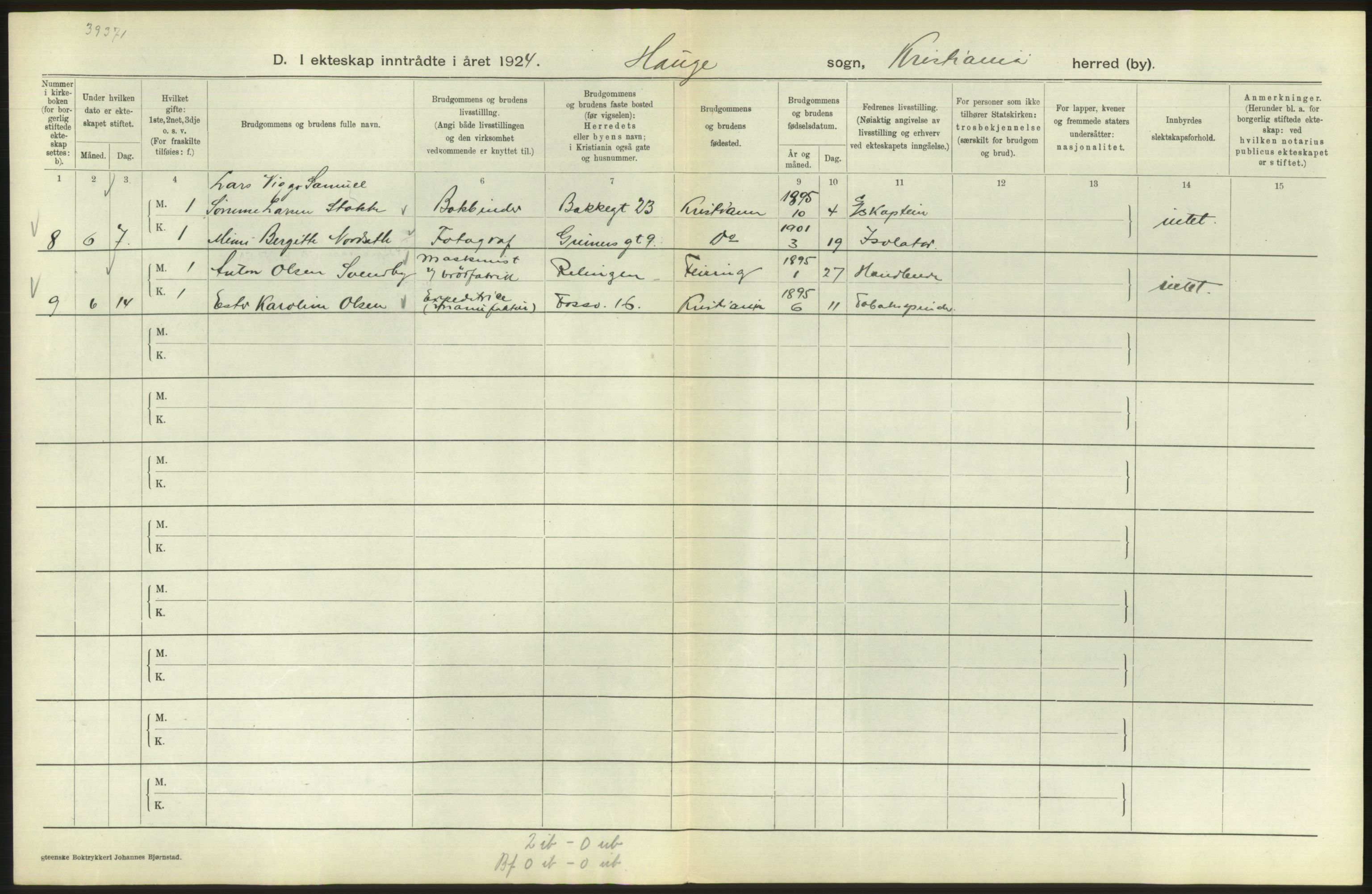 Statistisk sentralbyrå, Sosiodemografiske emner, Befolkning, AV/RA-S-2228/D/Df/Dfc/Dfcd/L0007: Kristiania: Gifte, 1924, s. 720