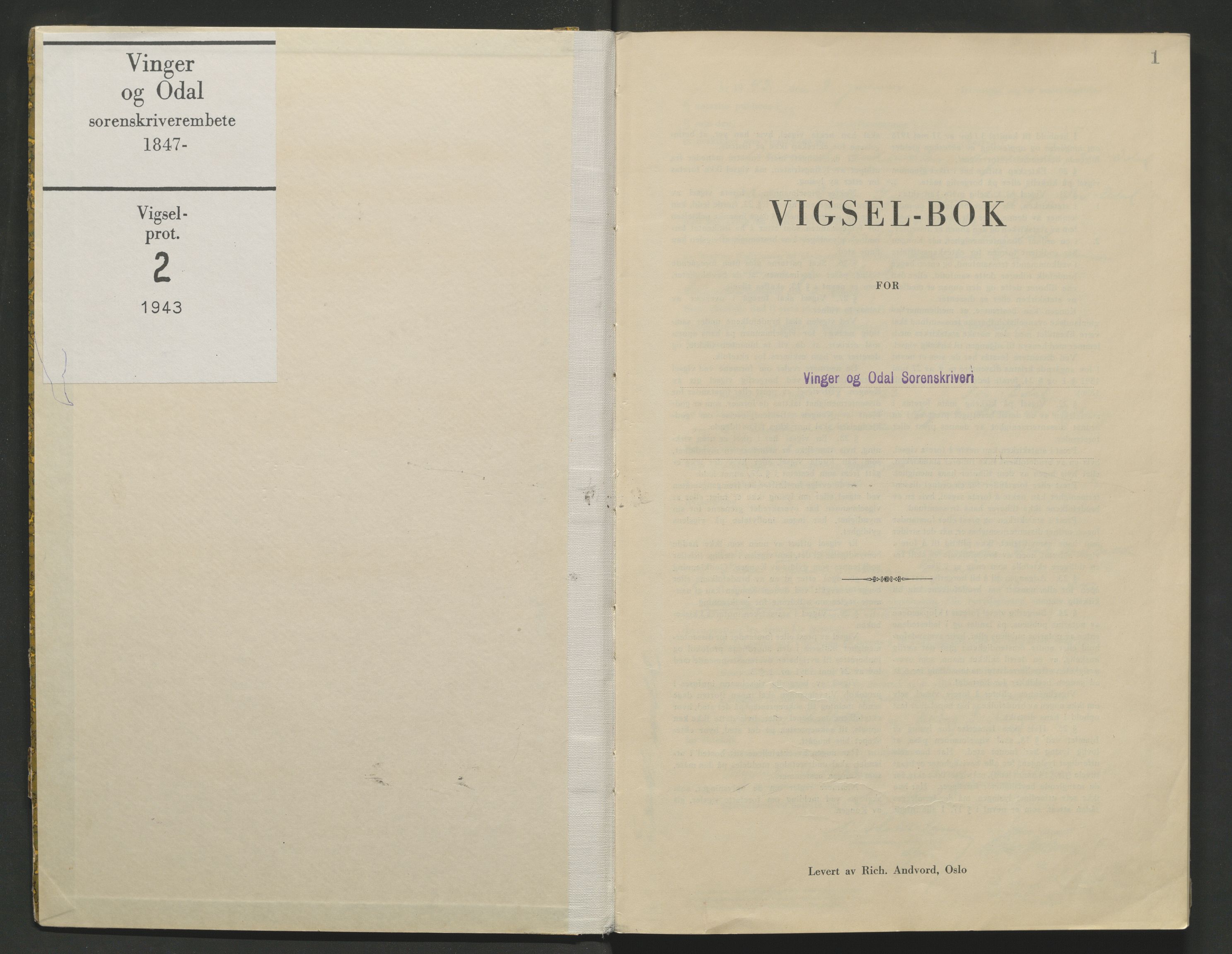 Vinger og Odal sorenskriveri, AV/SAH-TING-022/L/Lb/L0002: Vigselsprotokoll, 1943, s. 1