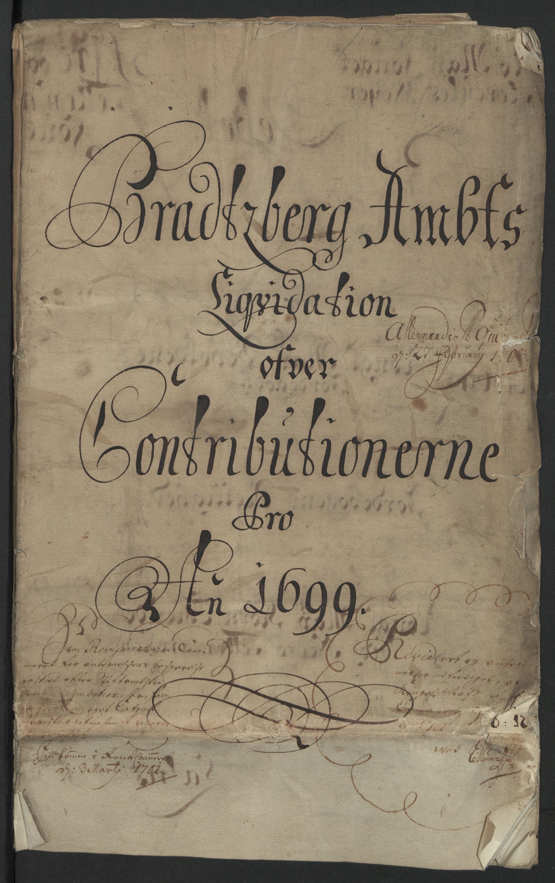 Rentekammeret inntil 1814, Reviderte regnskaper, Fogderegnskap, RA/EA-4092/R36/L2100: Fogderegnskap Øvre og Nedre Telemark og Bamble, 1699, s. 3