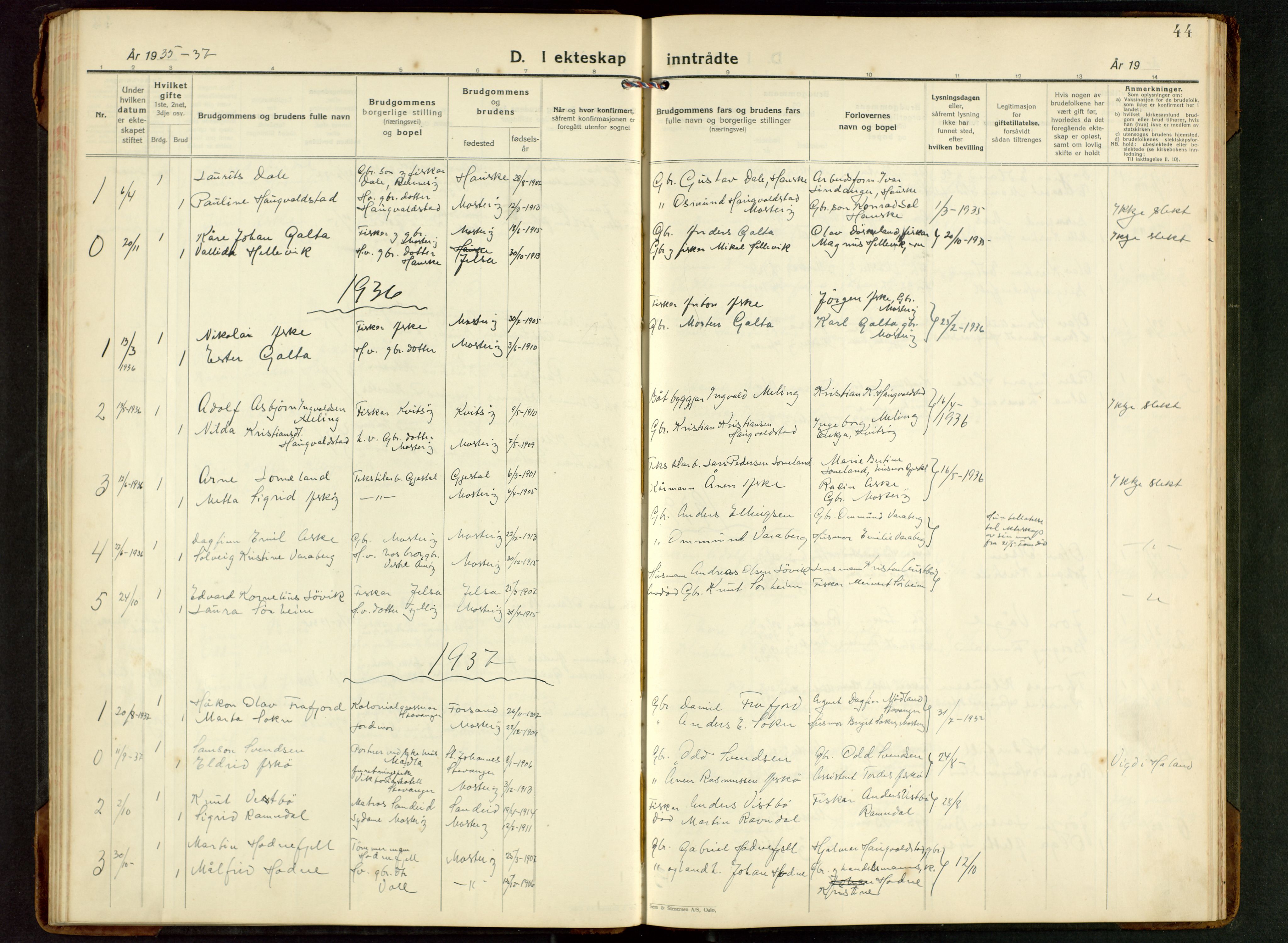 Rennesøy sokneprestkontor, AV/SAST-A -101827/H/Ha/Hab/L0017: Klokkerbok nr. B 16, 1929-1949, s. 44
