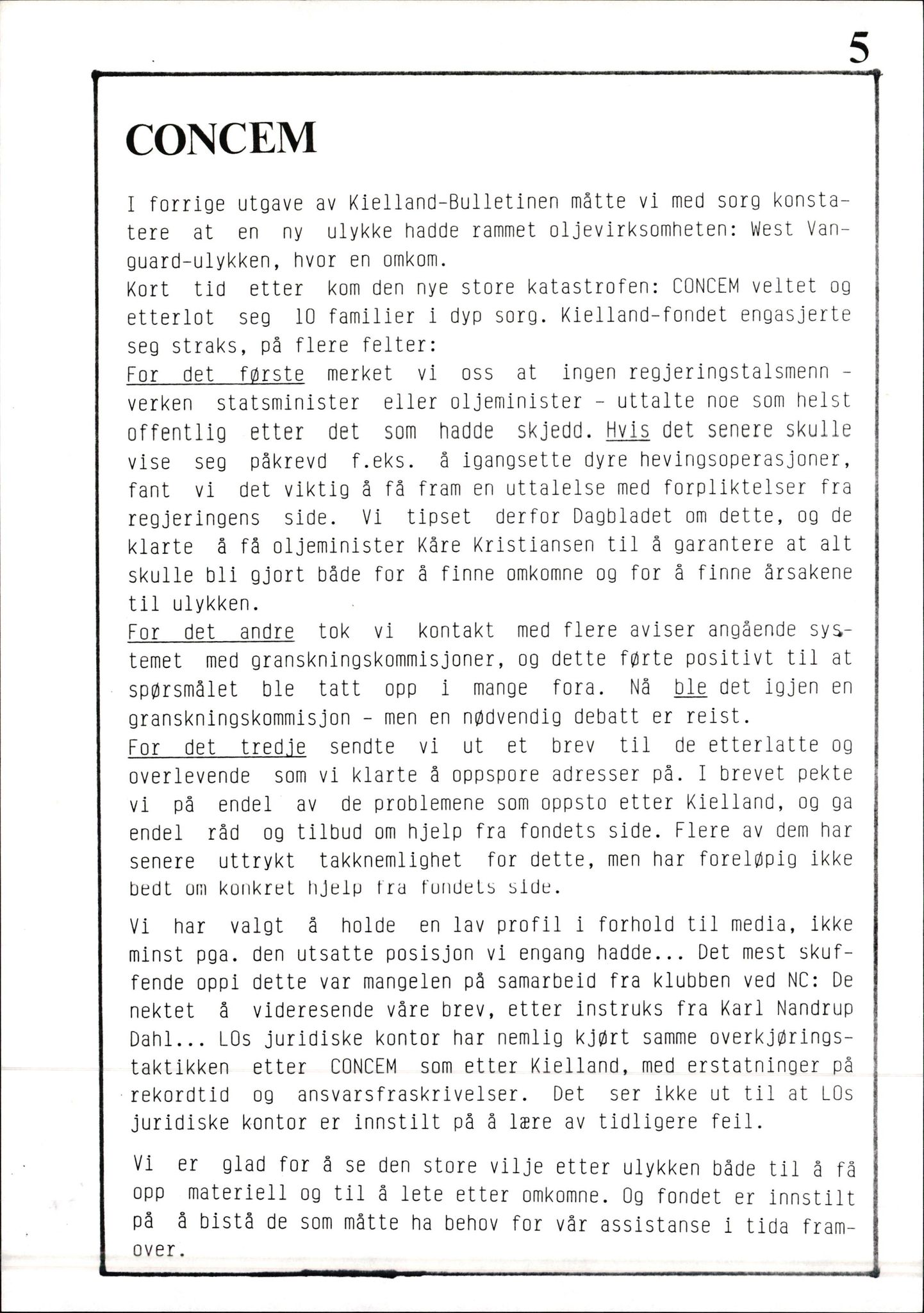 Pa 1660 - Kielland- fondet, AV/SAST-A-102242/X/Xa/L0001: Rapport til overlevende og etterlatte/ Kielland Bulletin, 1980-1998