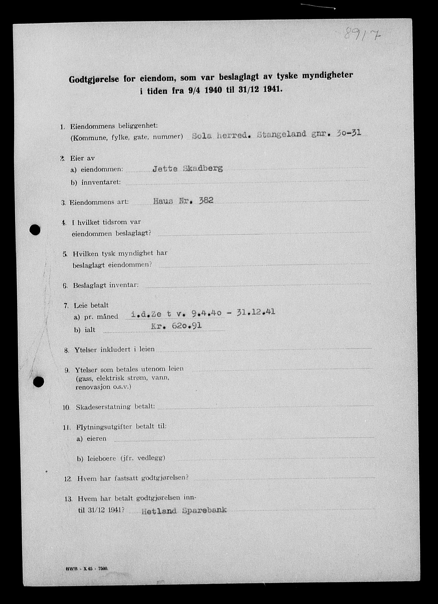 Justisdepartementet, Tilbakeføringskontoret for inndratte formuer, AV/RA-S-1564/I/L1015: Godtgjørelse for beslaglagt eiendom, 1940-1941, s. 169