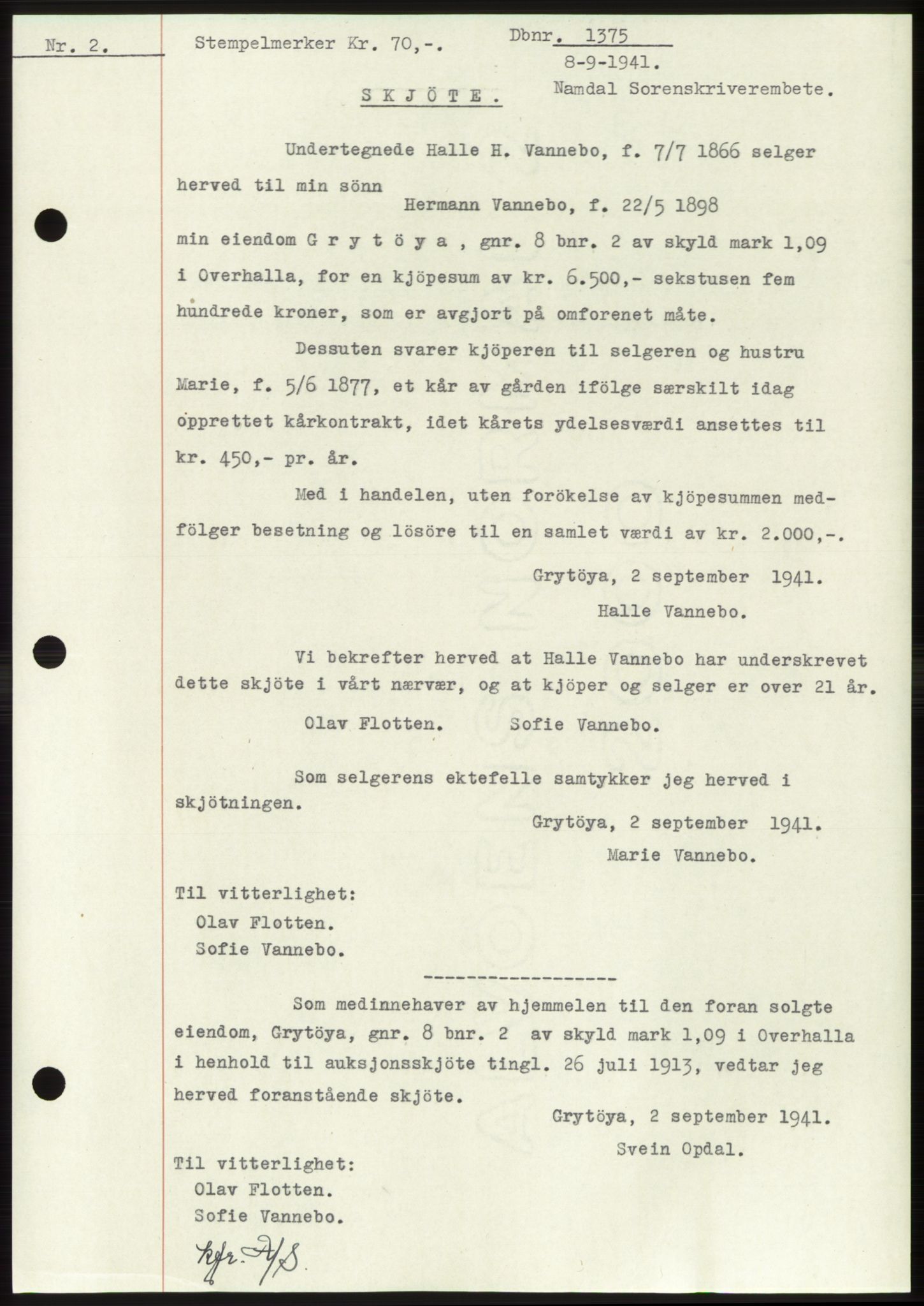 Namdal sorenskriveri, SAT/A-4133/1/2/2C: Pantebok nr. -, 1941-1942, Dagboknr: 1375/1941