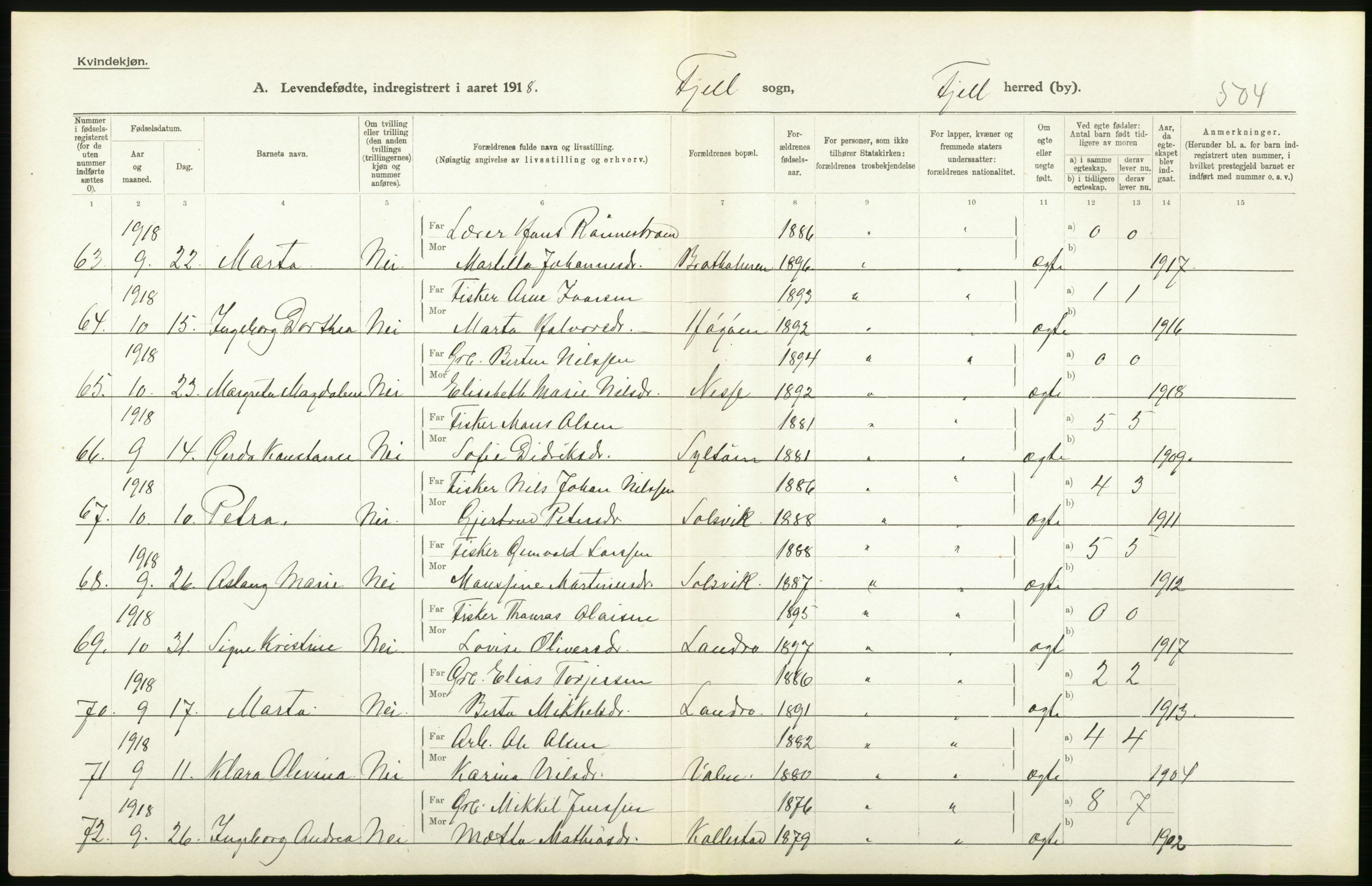 Statistisk sentralbyrå, Sosiodemografiske emner, Befolkning, RA/S-2228/D/Df/Dfb/Dfbh/L0034: Hordaland fylke: Levendefødte menn og kvinner. Bygder., 1918, s. 40