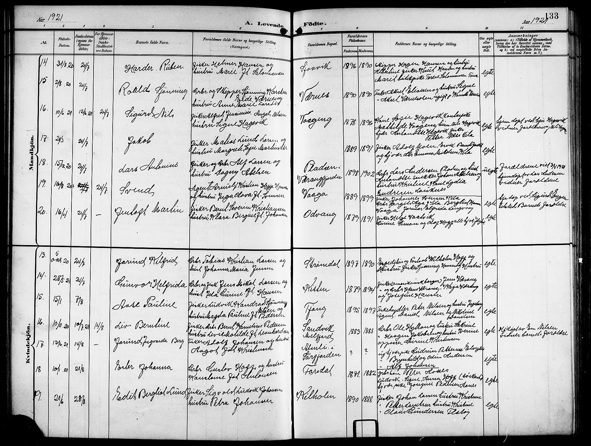 Ministerialprotokoller, klokkerbøker og fødselsregistre - Nordland, AV/SAT-A-1459/841/L0621: Klokkerbok nr. 841C05, 1897-1923, s. 133