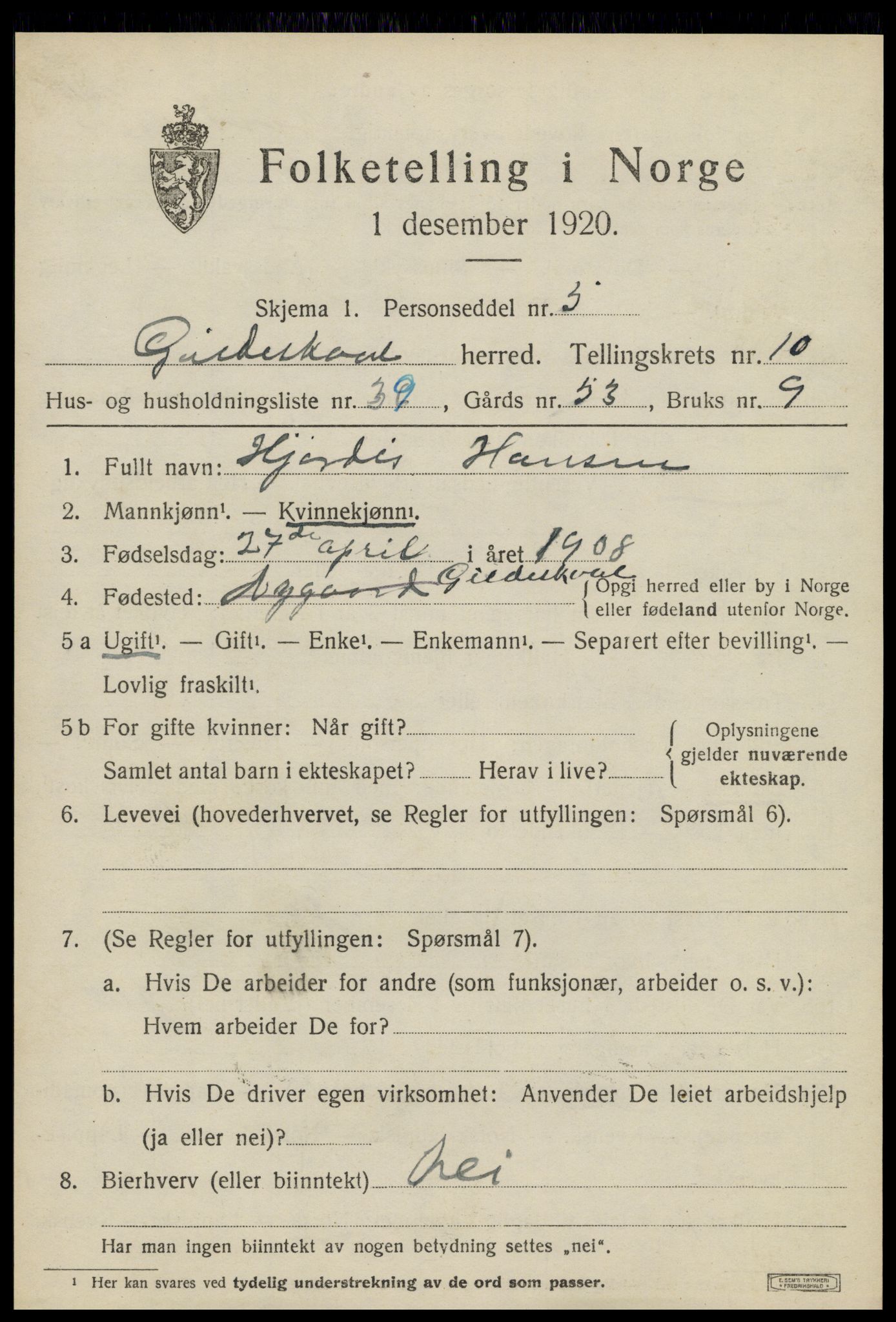 SAT, Folketelling 1920 for 1838 Gildeskål herred, 1920, s. 6596