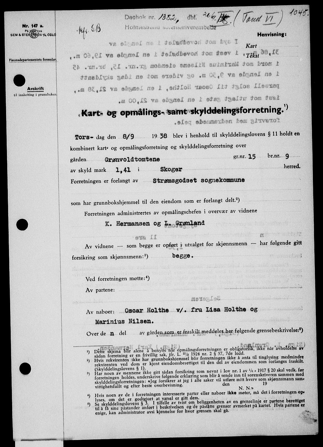 Holmestrand sorenskriveri, SAKO/A-67/G/Ga/Gaa/L0049: Pantebok nr. A-49, 1937-1938, Dagboknr: 1382/1938