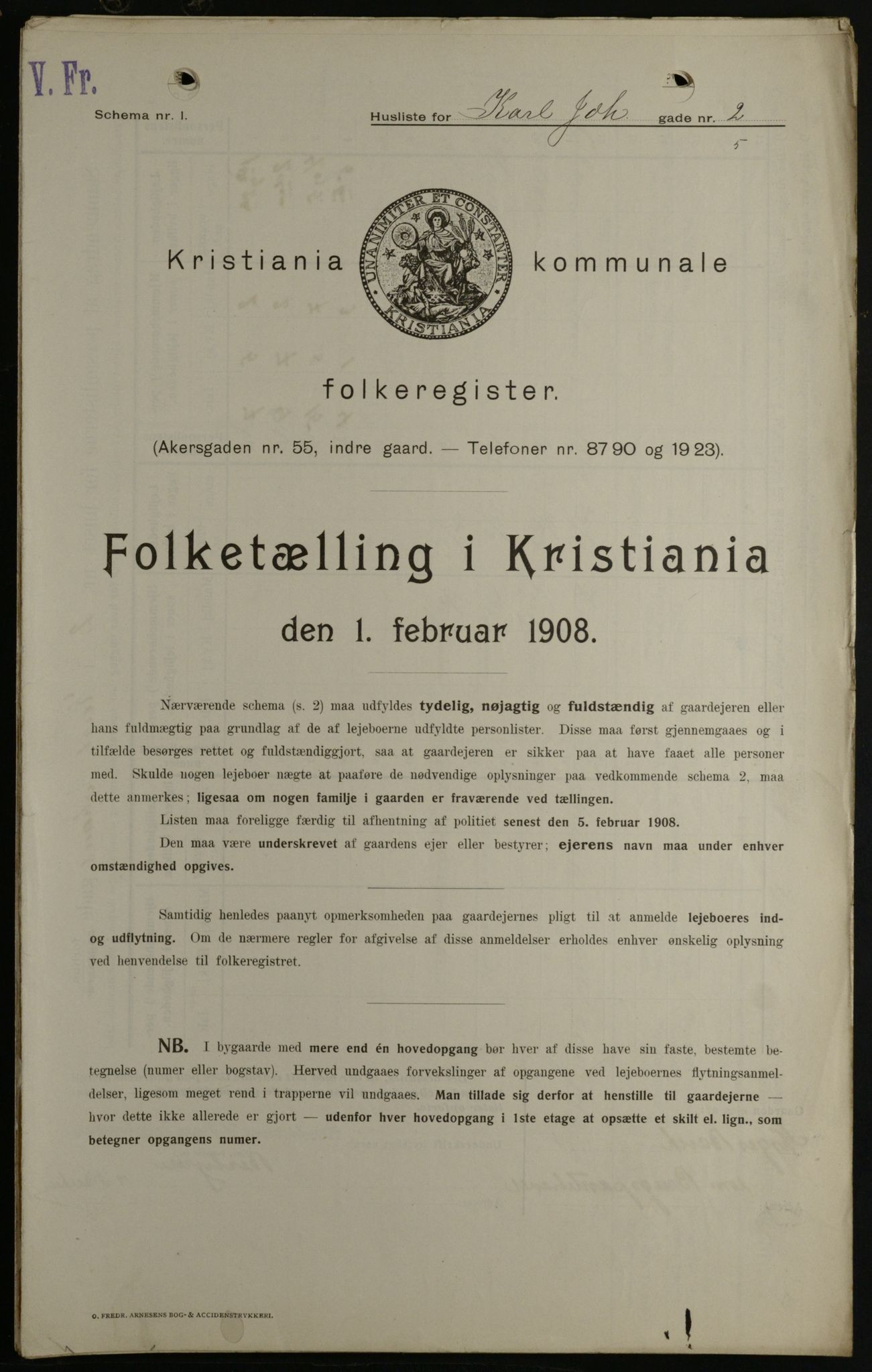 OBA, Kommunal folketelling 1.2.1908 for Kristiania kjøpstad, 1908, s. 43543