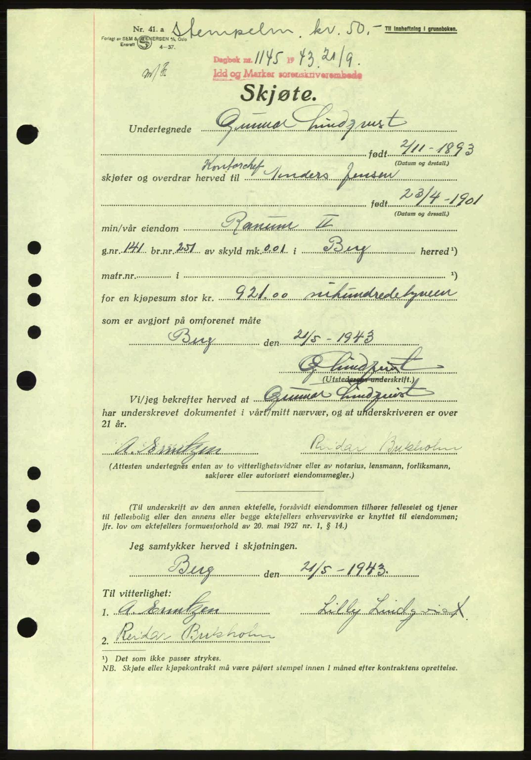 Idd og Marker sorenskriveri, AV/SAO-A-10283/G/Gb/Gbb/L0006: Pantebok nr. A6, 1943-1944, Dagboknr: 1145/1943