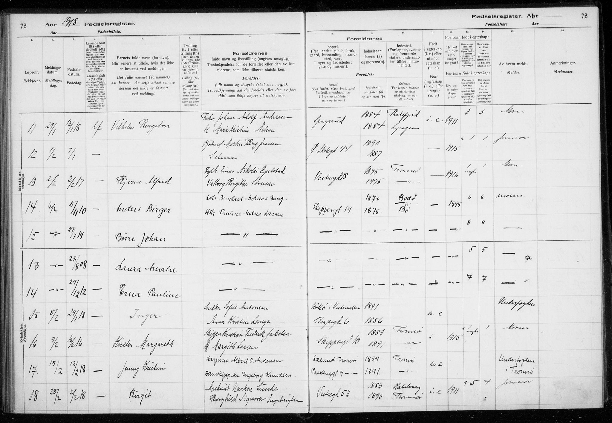 Tromsø sokneprestkontor/stiftsprosti/domprosti, AV/SATØ-S-1343/H/Ha/L0131: Fødselsregister nr. 131, 1916-1921, s. 72