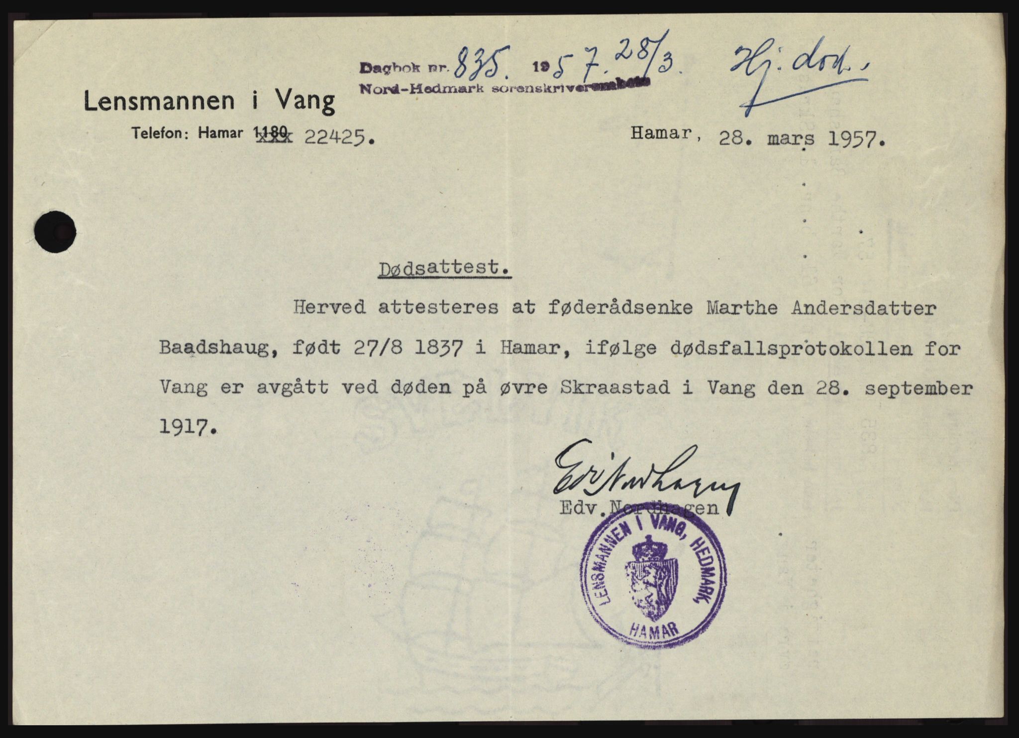 Nord-Hedmark sorenskriveri, SAH/TING-012/H/Hc/L0011: Pantebok nr. 11, 1956-1957, Dagboknr: 835/1957
