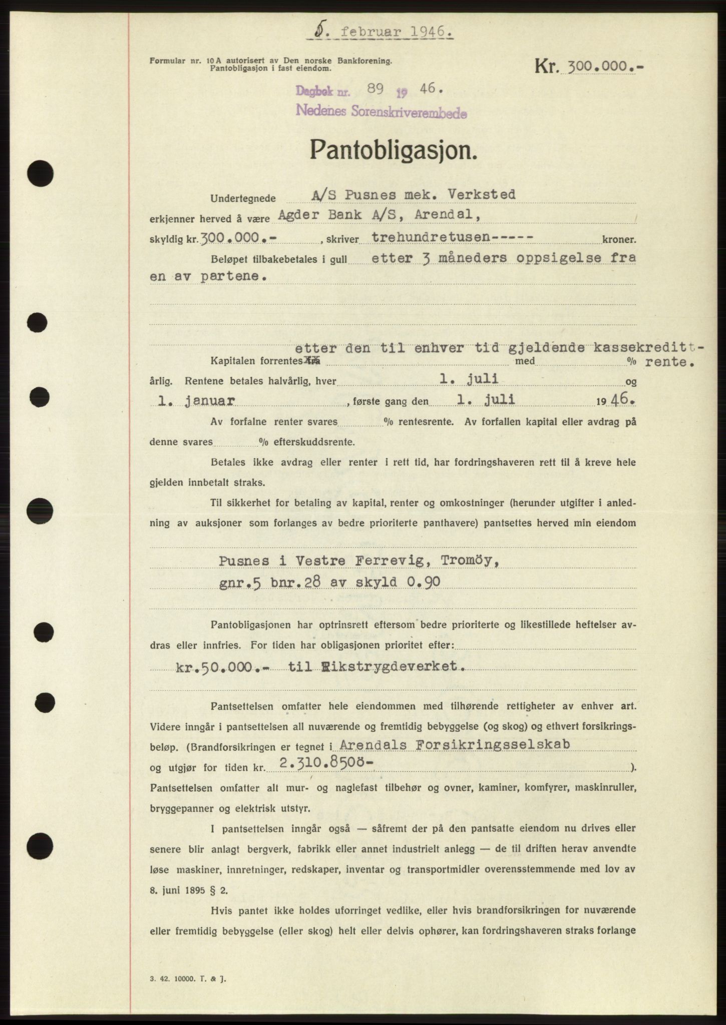 Nedenes sorenskriveri, SAK/1221-0006/G/Gb/Gbb/L0003: Pantebok nr. B3b, 1946-1946, Dagboknr: 89/1946