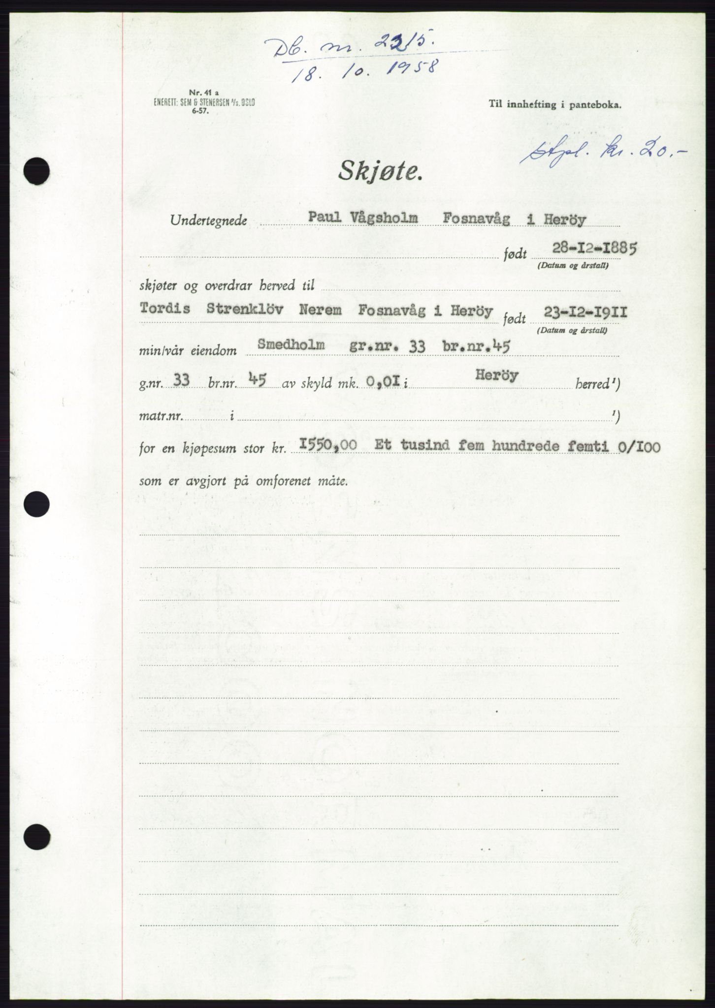 Søre Sunnmøre sorenskriveri, AV/SAT-A-4122/1/2/2C/L0110: Pantebok nr. 36A, 1958-1958, Dagboknr: 2215/1958