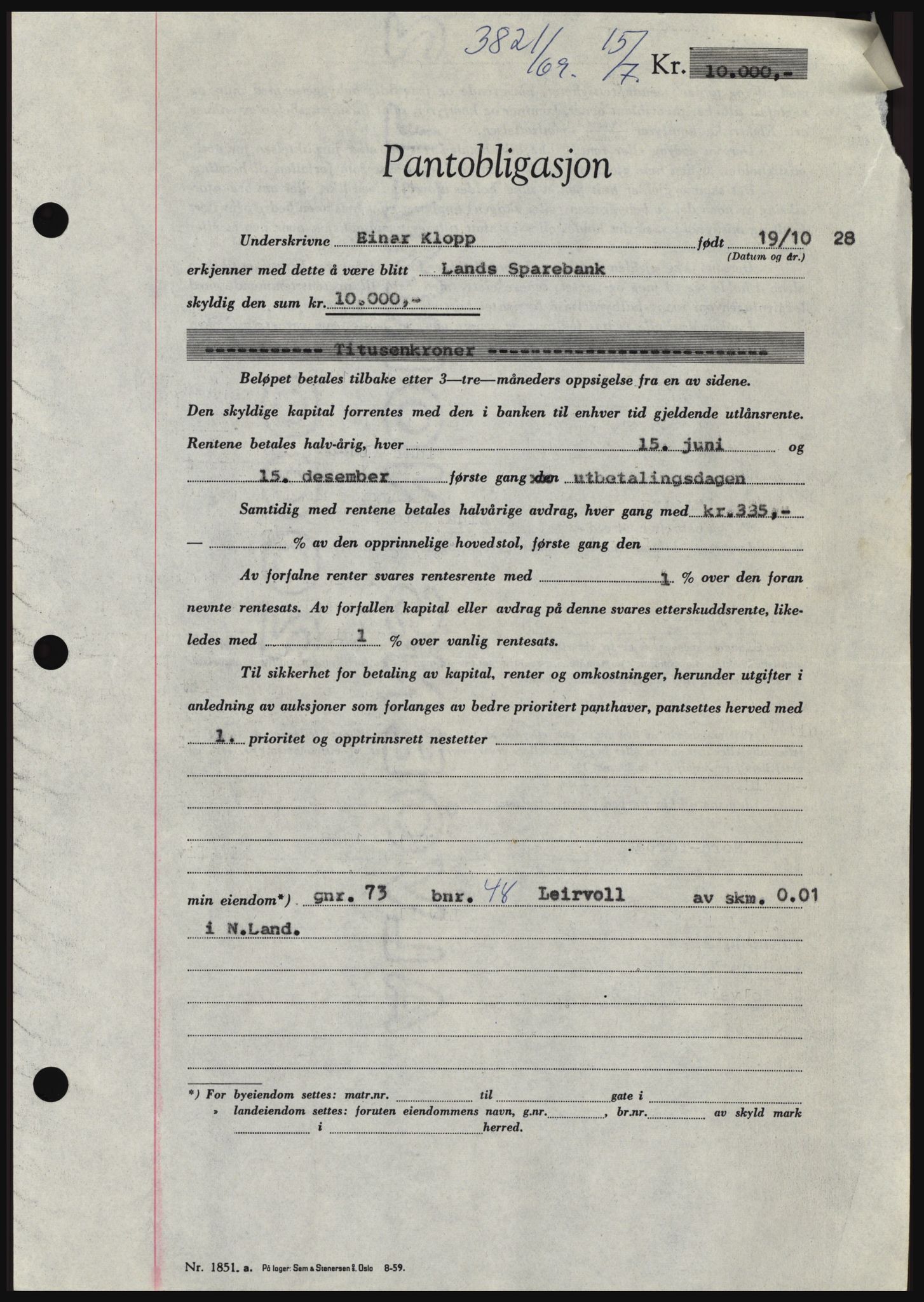 Hadeland og Land tingrett, SAH/TING-010/H/Hb/Hbc/L0074: Pantebok nr. B74, 1969-1969, Dagboknr: 3821/1969