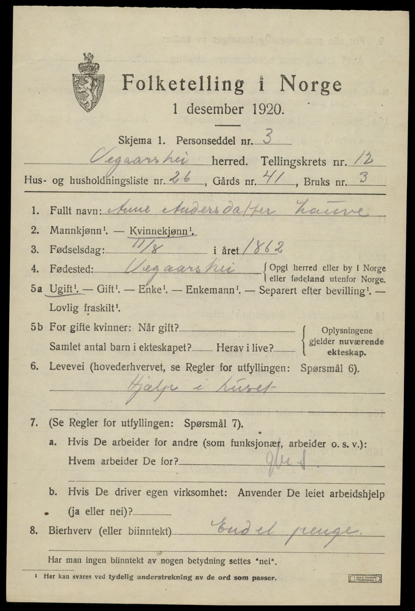 SAK, Folketelling 1920 for 0912 Vegårshei herred, 1920, s. 4092