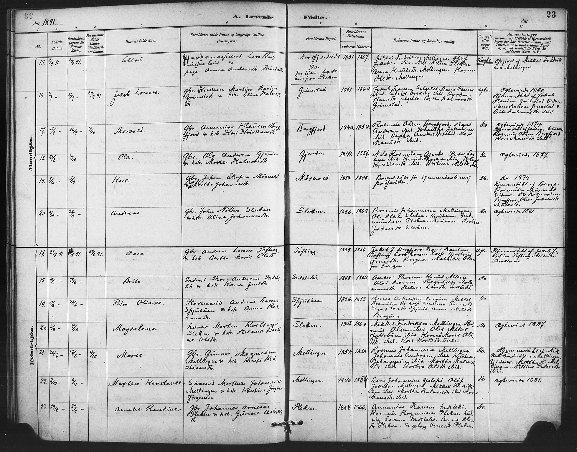 Lindås Sokneprestembete, AV/SAB-A-76701/H/Haa/Haae/L0001: Ministerialbok nr. E 1, 1886-1897, s. 23
