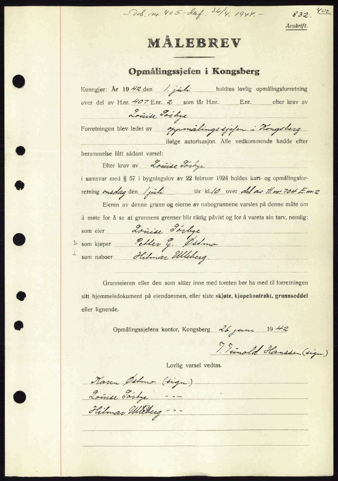 Numedal og Sandsvær sorenskriveri, SAKO/A-128/G/Ga/Gaa/L0055: Pantebok nr. A7, 1943-1944, Dagboknr: 405/1944