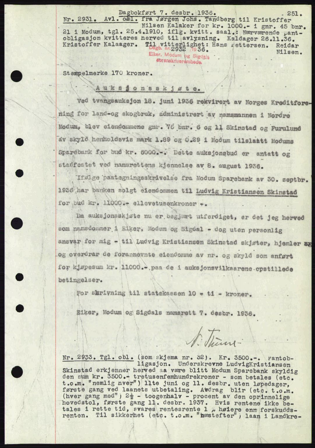Eiker, Modum og Sigdal sorenskriveri, SAKO/A-123/G/Ga/Gab/L0034: Pantebok nr. A4, 1936-1937, Dagboknr: 2932/1936