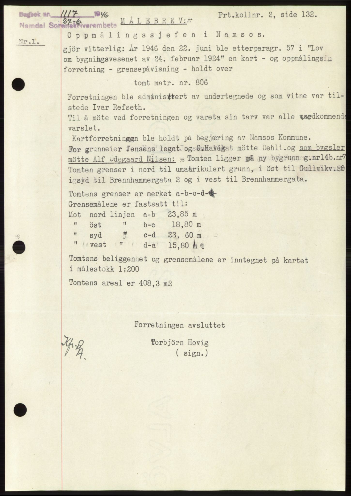 Namdal sorenskriveri, SAT/A-4133/1/2/2C: Pantebok nr. -, 1946-1946, Dagboknr: 1117/1946
