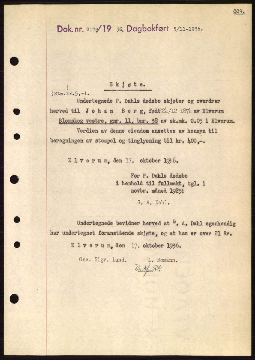 Sør-Østerdal sorenskriveri, SAH/TING-018/H/Hb/Hbb/L0054: Pantebok nr. A54, 1936-1936, Dagboknr: 2179/1936