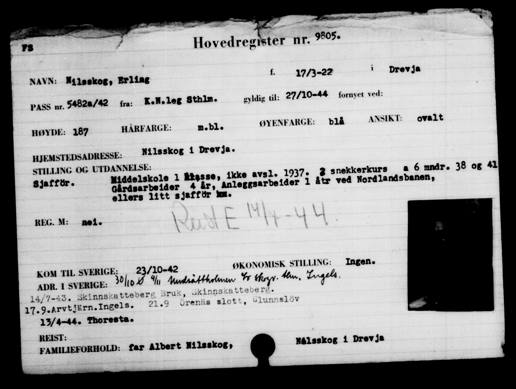 Utenriksstasjonene, Legasjonen i Stockholm, Flyktningkontoret, AV/RA-S-6753/V/Va/L0006: Kjesäterkartoteket, flyktninger med registreringsnr. 9400-12711, 1940-1945, s. 458