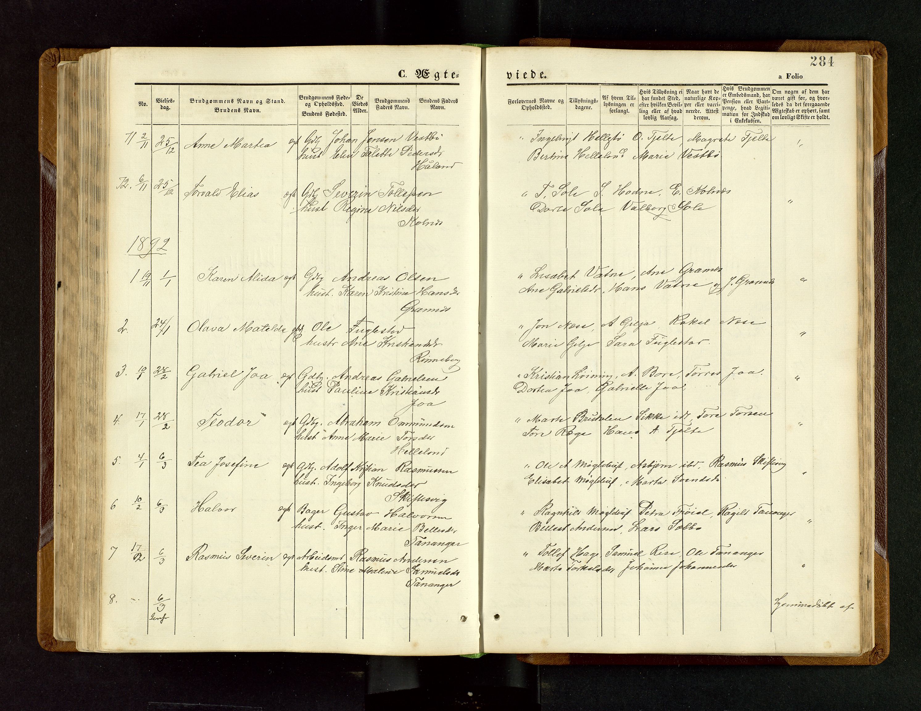 Håland sokneprestkontor, AV/SAST-A-101802/001/30BB/L0003: Klokkerbok nr. B 3, 1873-1893, s. 284