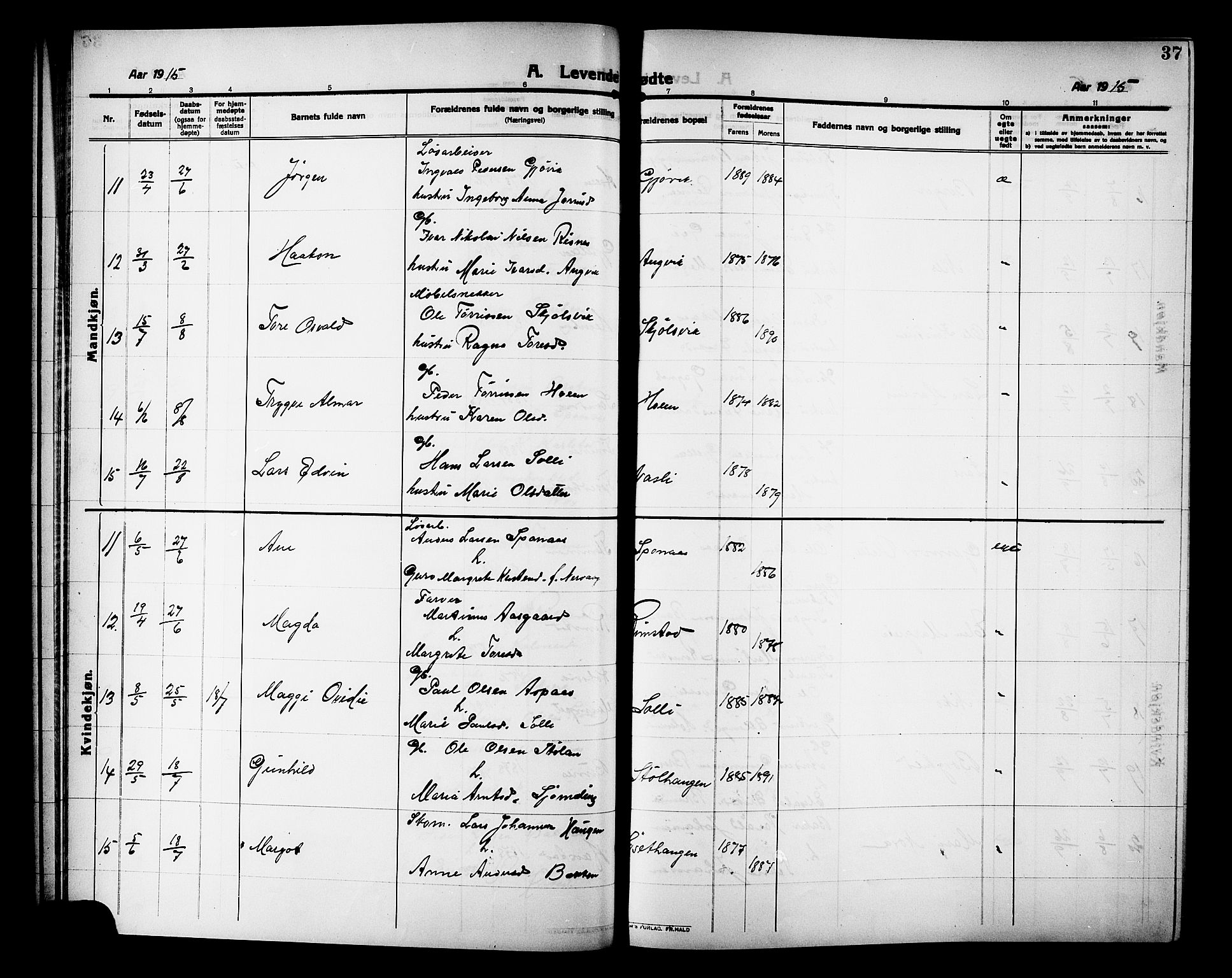 Ministerialprotokoller, klokkerbøker og fødselsregistre - Møre og Romsdal, AV/SAT-A-1454/586/L0993: Klokkerbok nr. 586C04, 1910-1918, s. 37