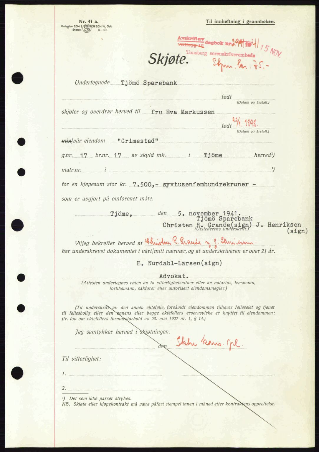 Tønsberg sorenskriveri, AV/SAKO-A-130/G/Ga/Gaa/L0010: Pantebok nr. A10, 1941-1941, Dagboknr: 2991/1941