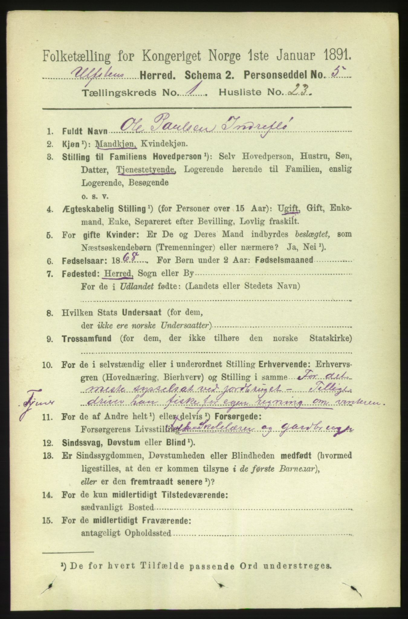 RA, Folketelling 1891 for 1516 Ulstein herred, 1891, s. 194
