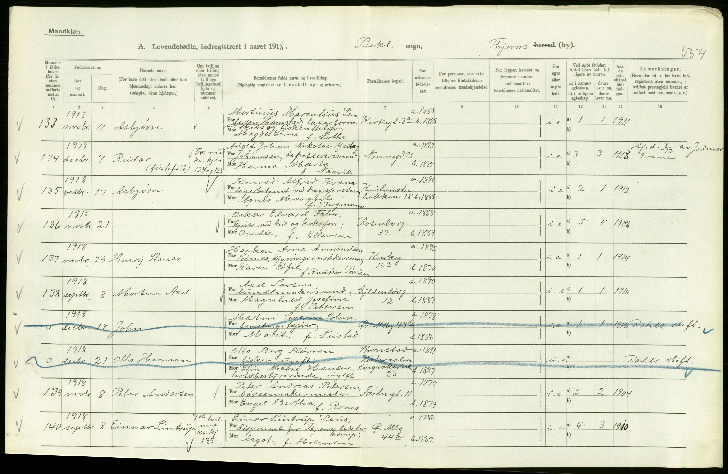 Statistisk sentralbyrå, Sosiodemografiske emner, Befolkning, AV/RA-S-2228/D/Df/Dfb/Dfbh/L0048: Trondheim: Levendefødte menn og kvinner, gifte., 1918, s. 326