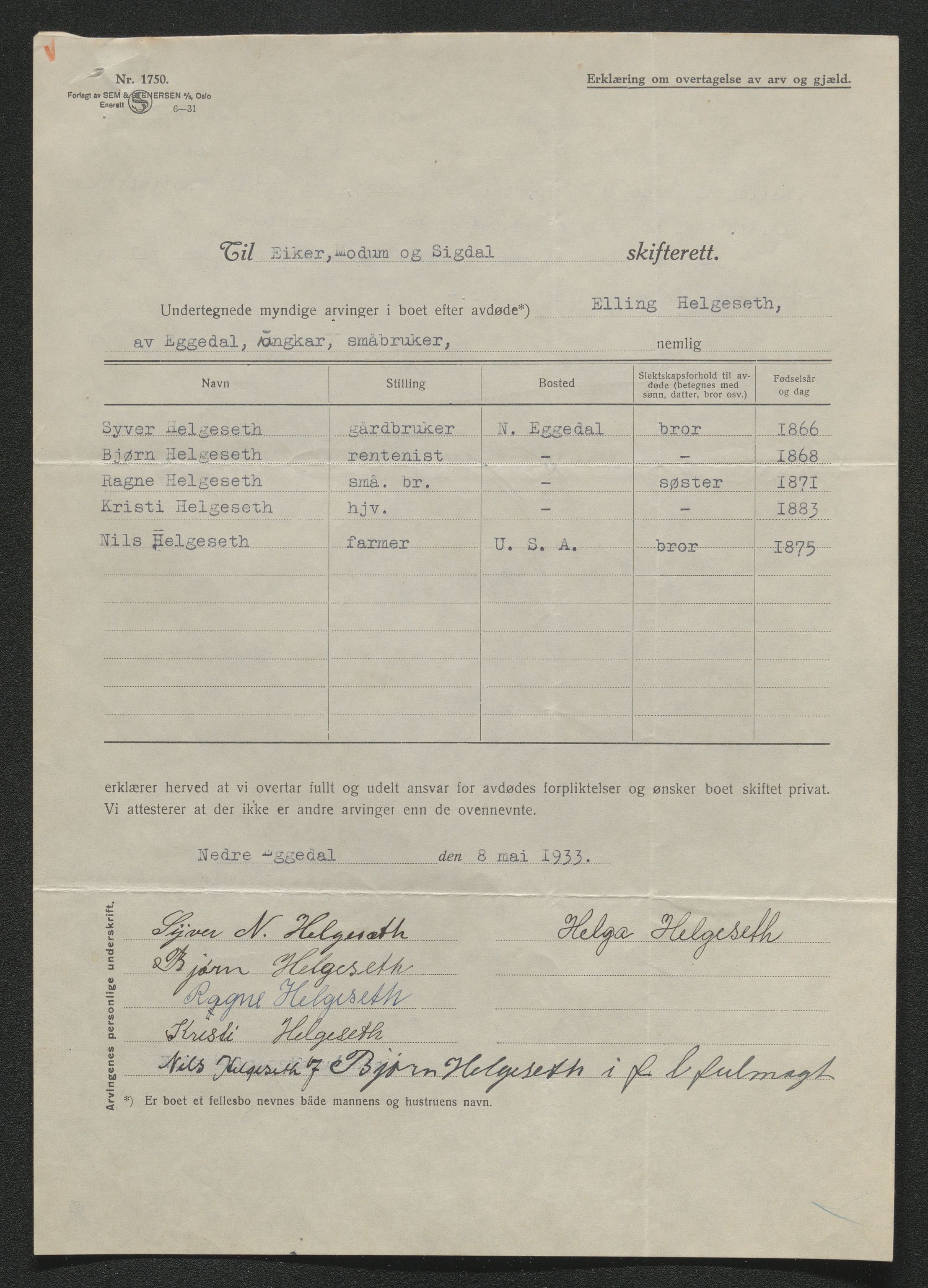 Eiker, Modum og Sigdal sorenskriveri, AV/SAKO-A-123/H/Ha/Hab/L0048: Dødsfallsmeldinger, 1933, s. 249